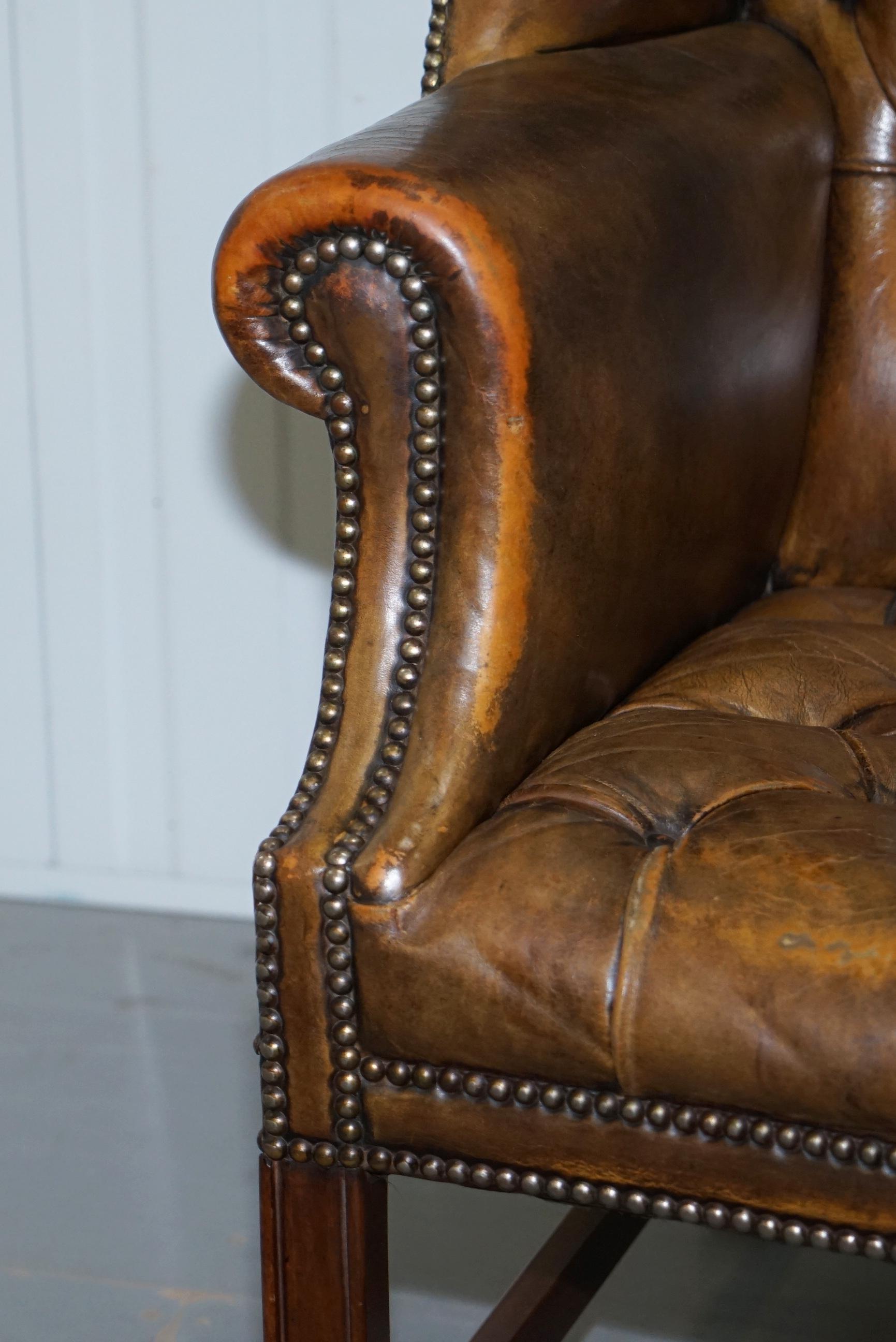 Very Rare Original 1930s Chesterfield Fully Buttoned Leather Wingback Armchair 6