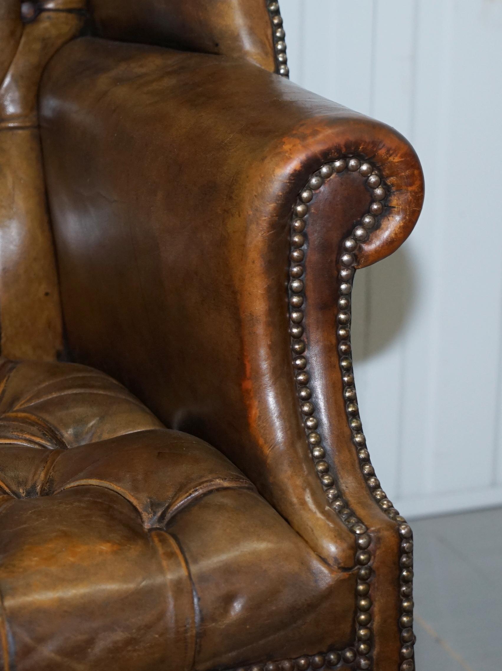 Very Rare Original 1930s Chesterfield Fully Buttoned Leather Wingback Armchair 7