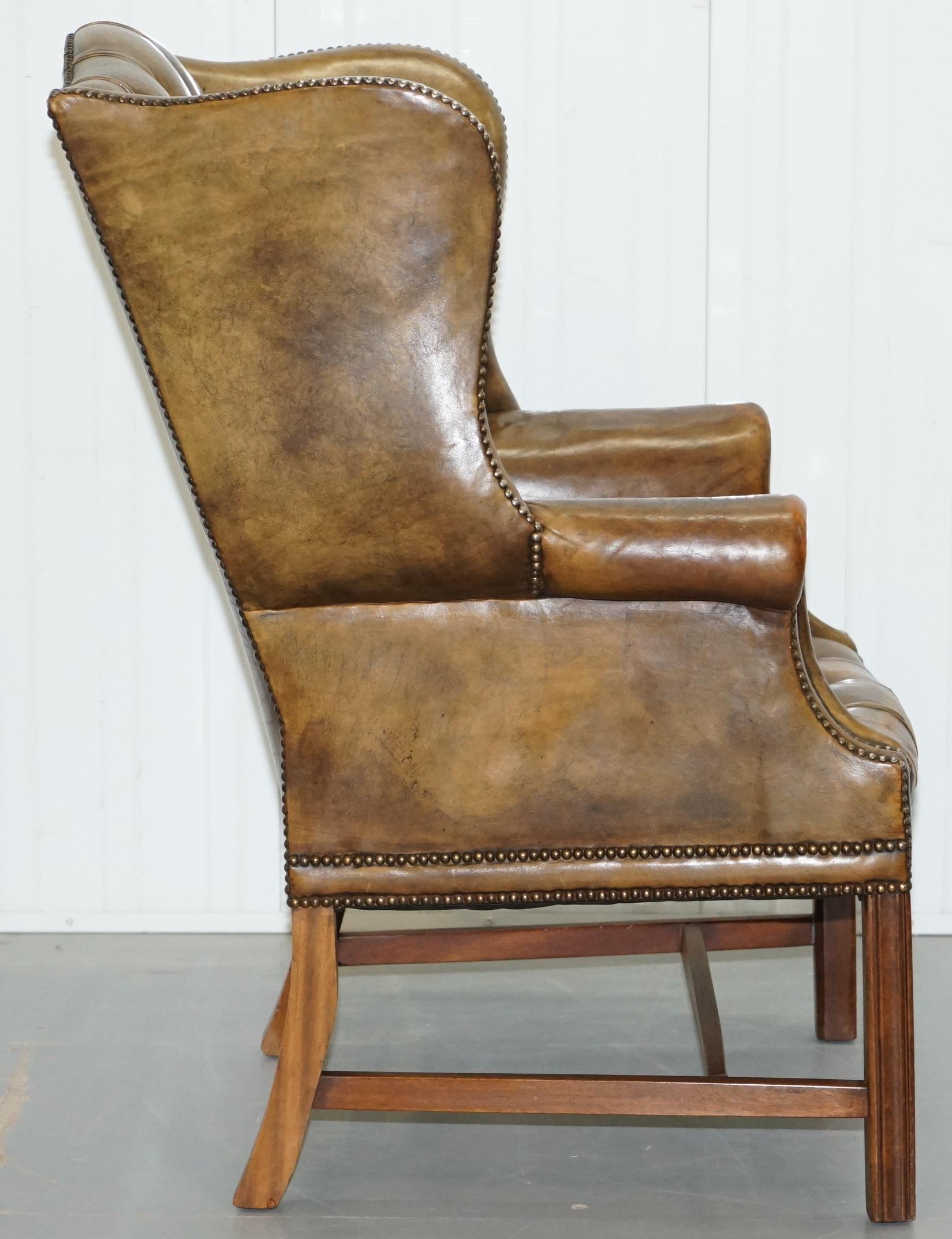 Very Rare Original 1930s Chesterfield Fully Buttoned Leather Wingback Armchair 9