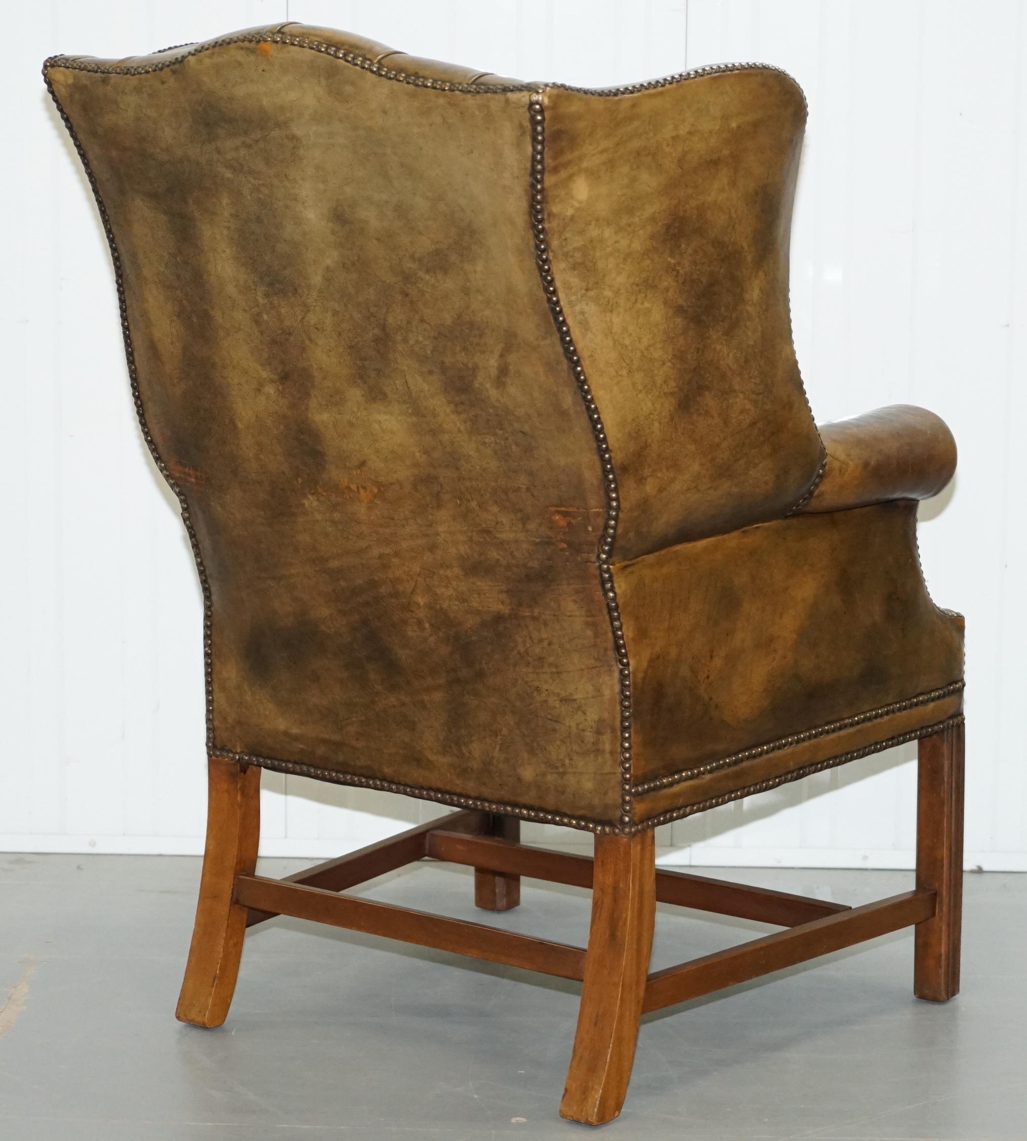 Very Rare Original 1930s Chesterfield Fully Buttoned Leather Wingback Armchair 10