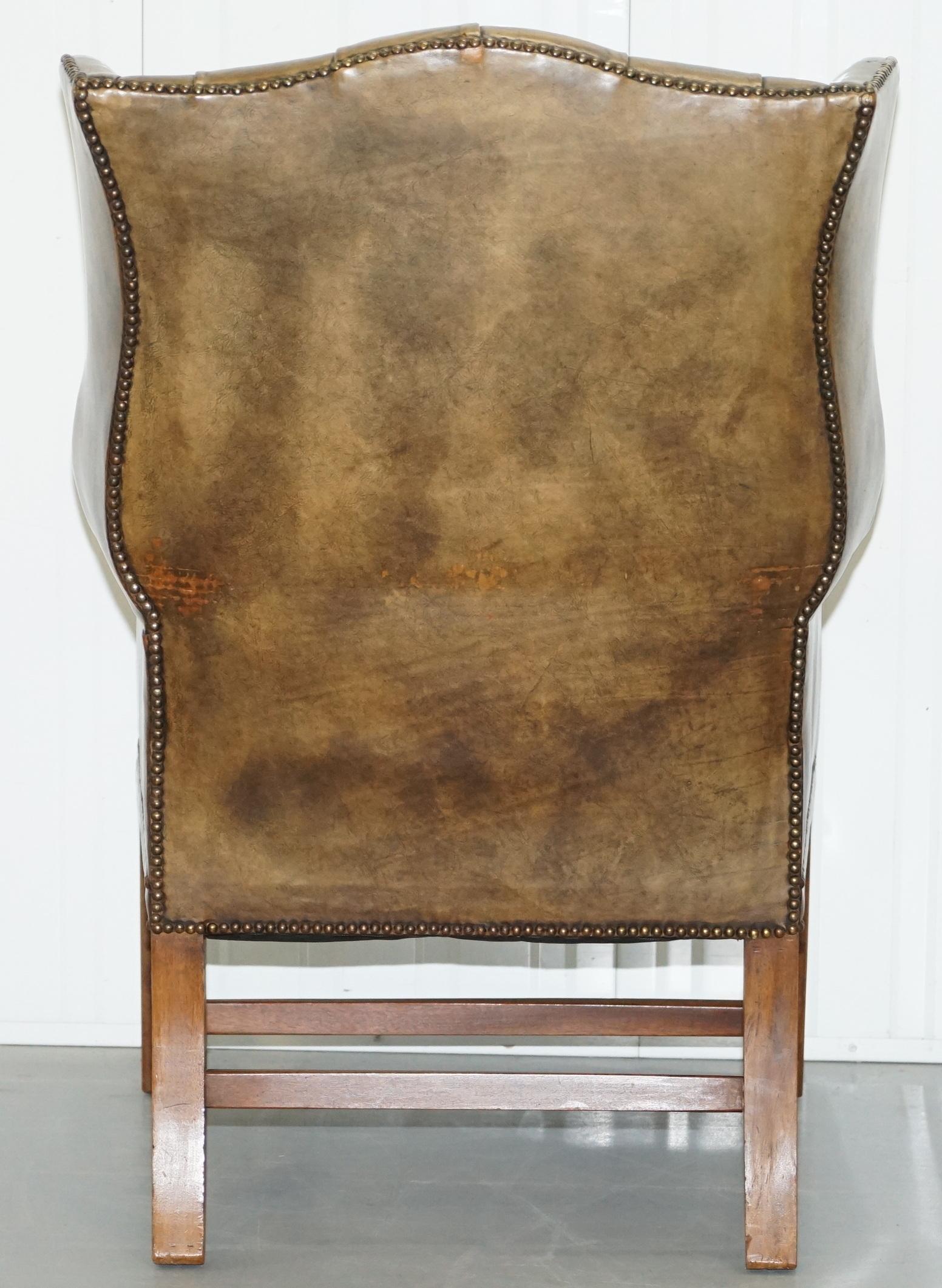 Very Rare Original 1930s Chesterfield Fully Buttoned Leather Wingback Armchair 11