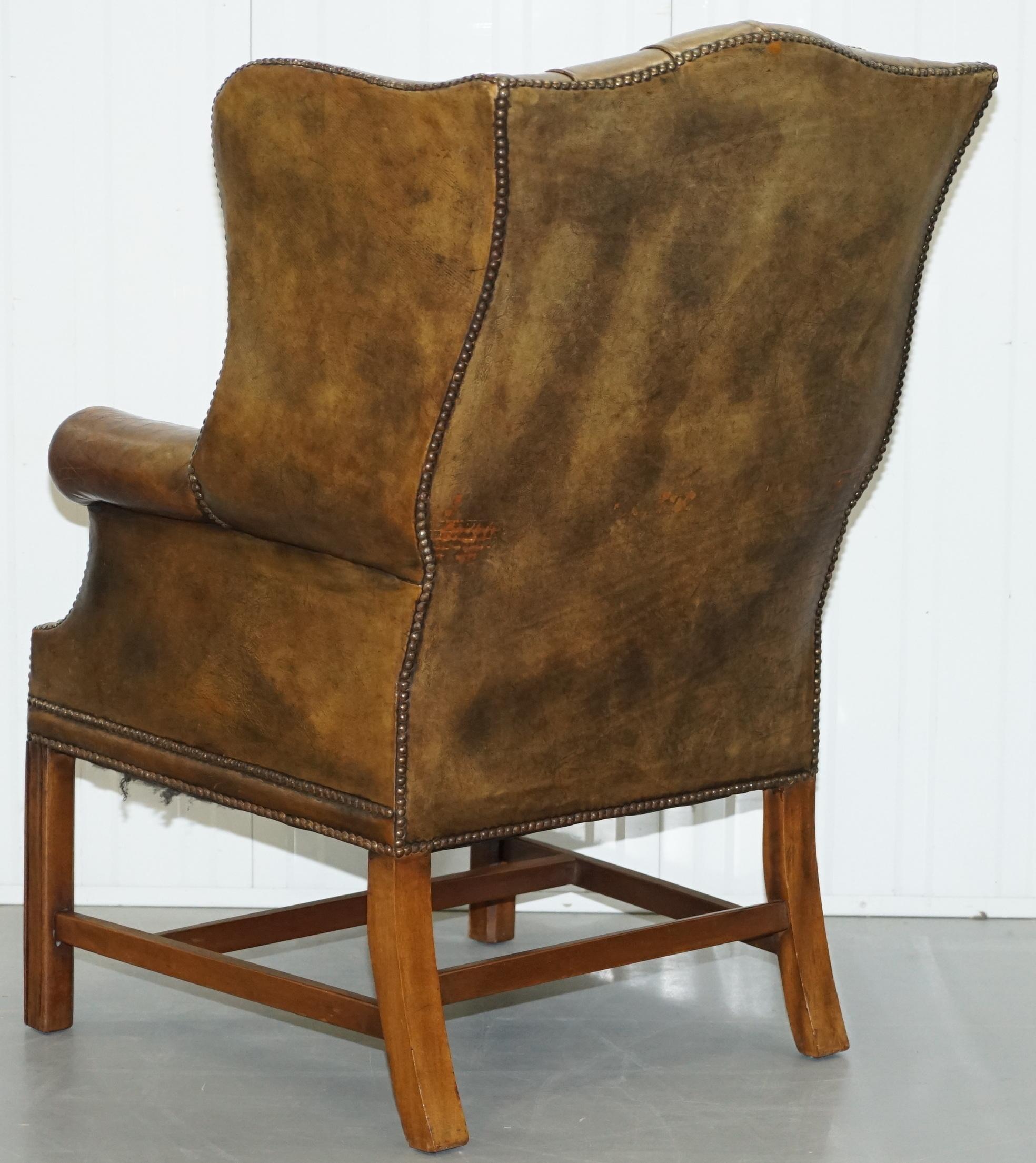 Very Rare Original 1930s Chesterfield Fully Buttoned Leather Wingback Armchair 12