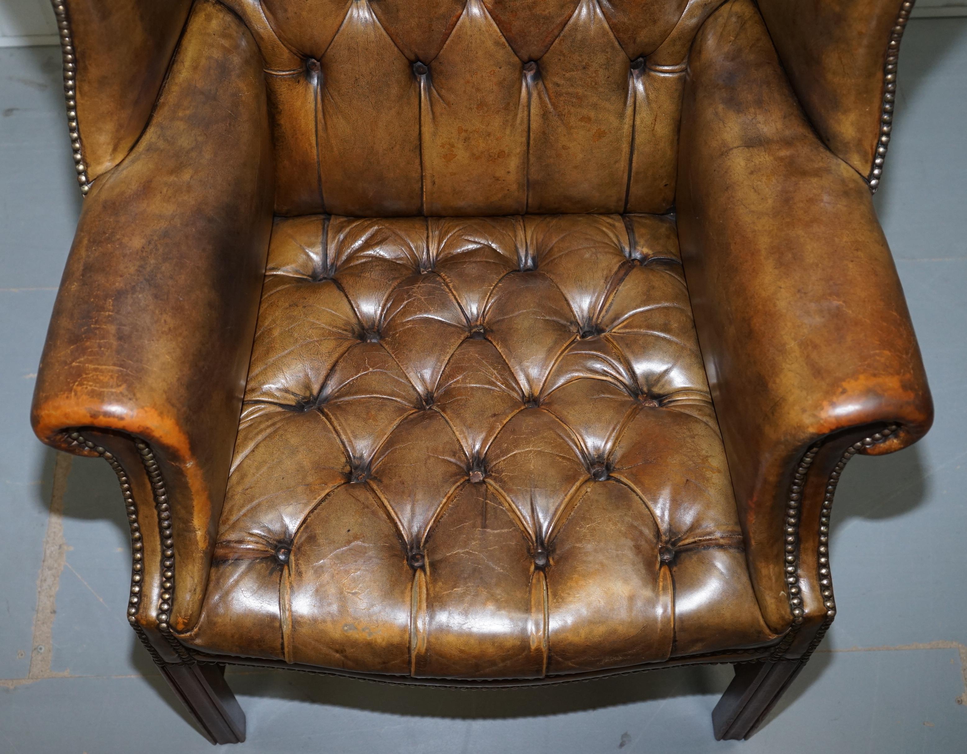 Victorian Very Rare Original 1930s Chesterfield Fully Buttoned Leather Wingback Armchair