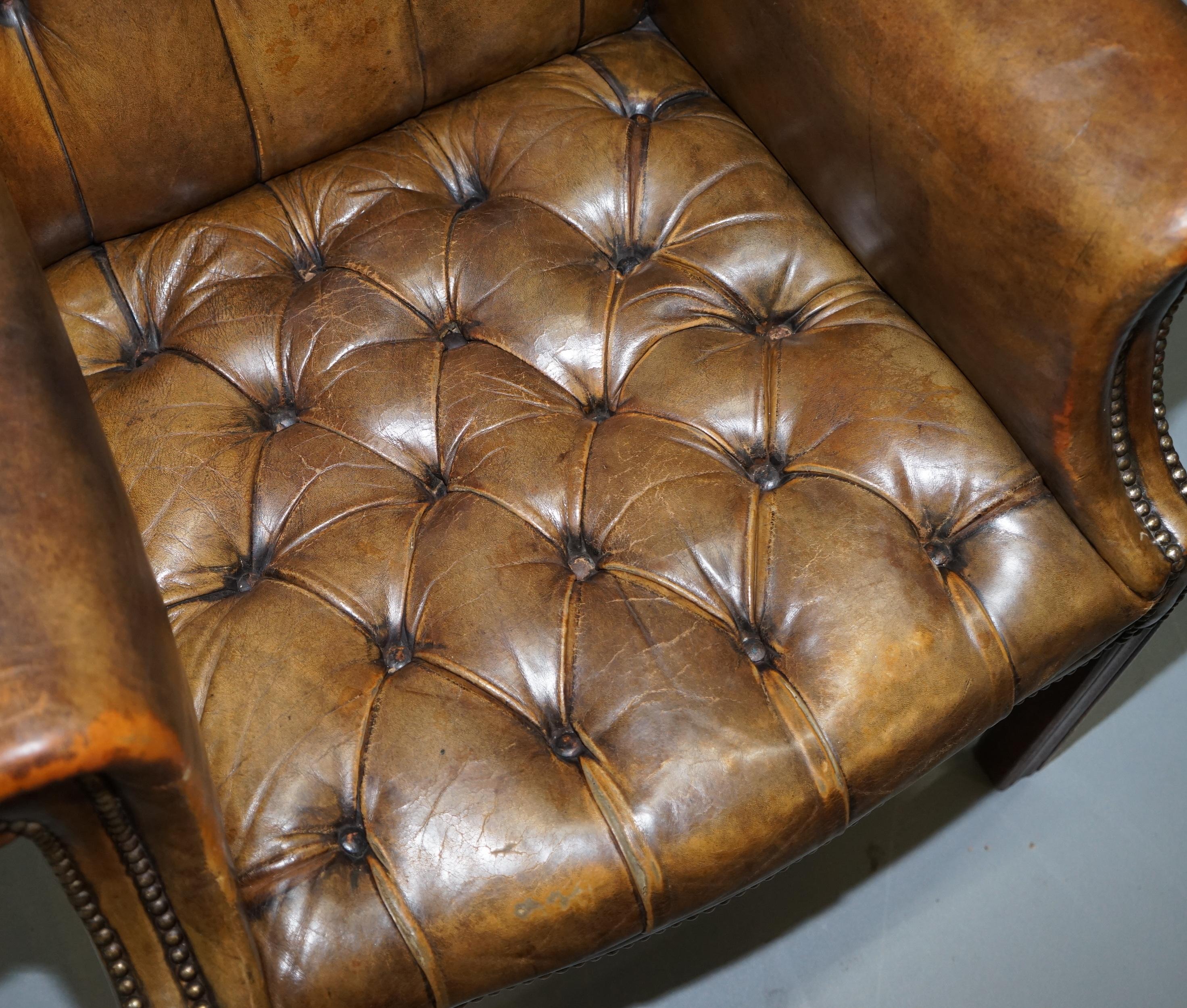 English Very Rare Original 1930s Chesterfield Fully Buttoned Leather Wingback Armchair