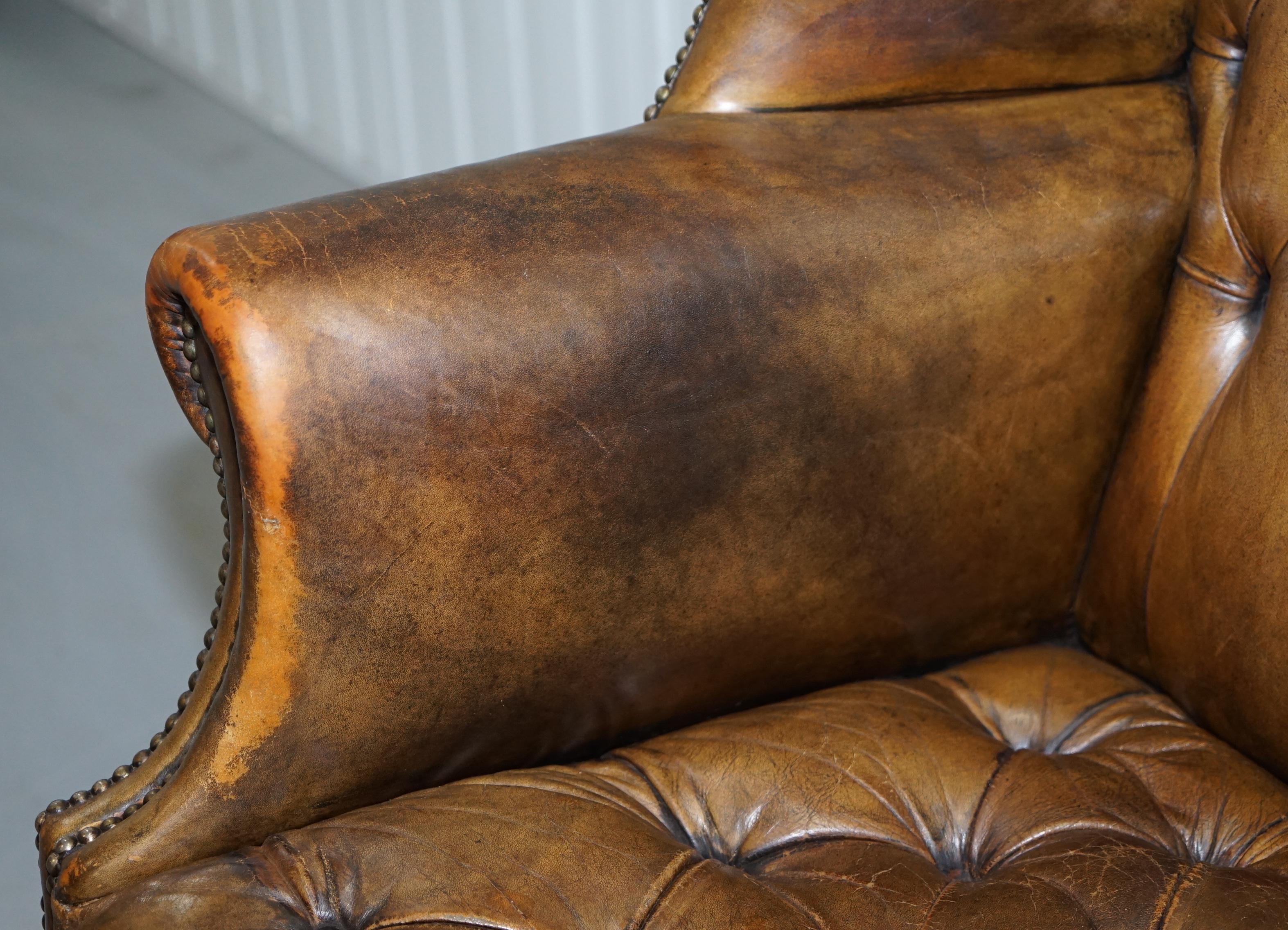 Hand-Crafted Very Rare Original 1930s Chesterfield Fully Buttoned Leather Wingback Armchair