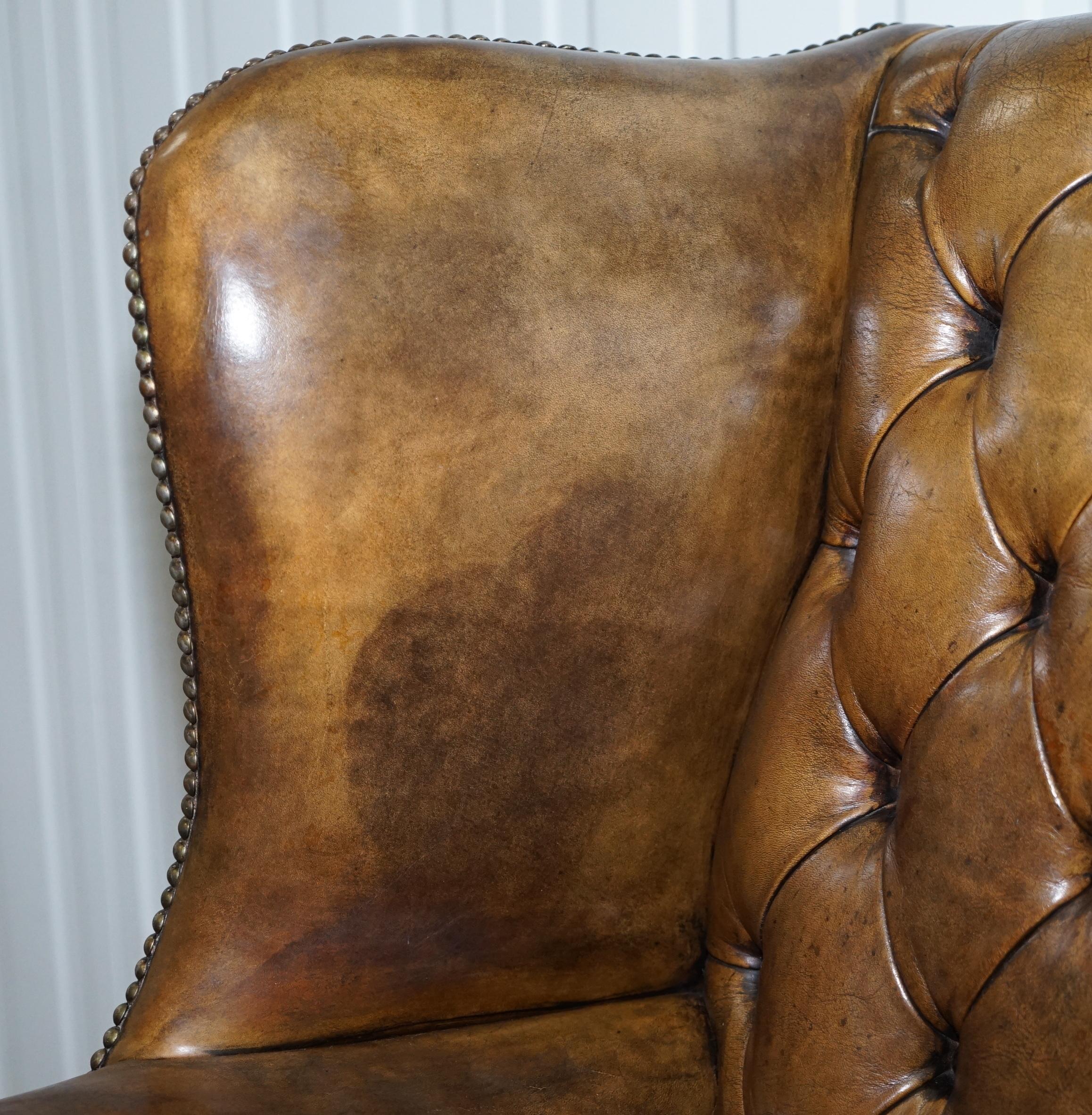 20th Century Very Rare Original 1930s Chesterfield Fully Buttoned Leather Wingback Armchair
