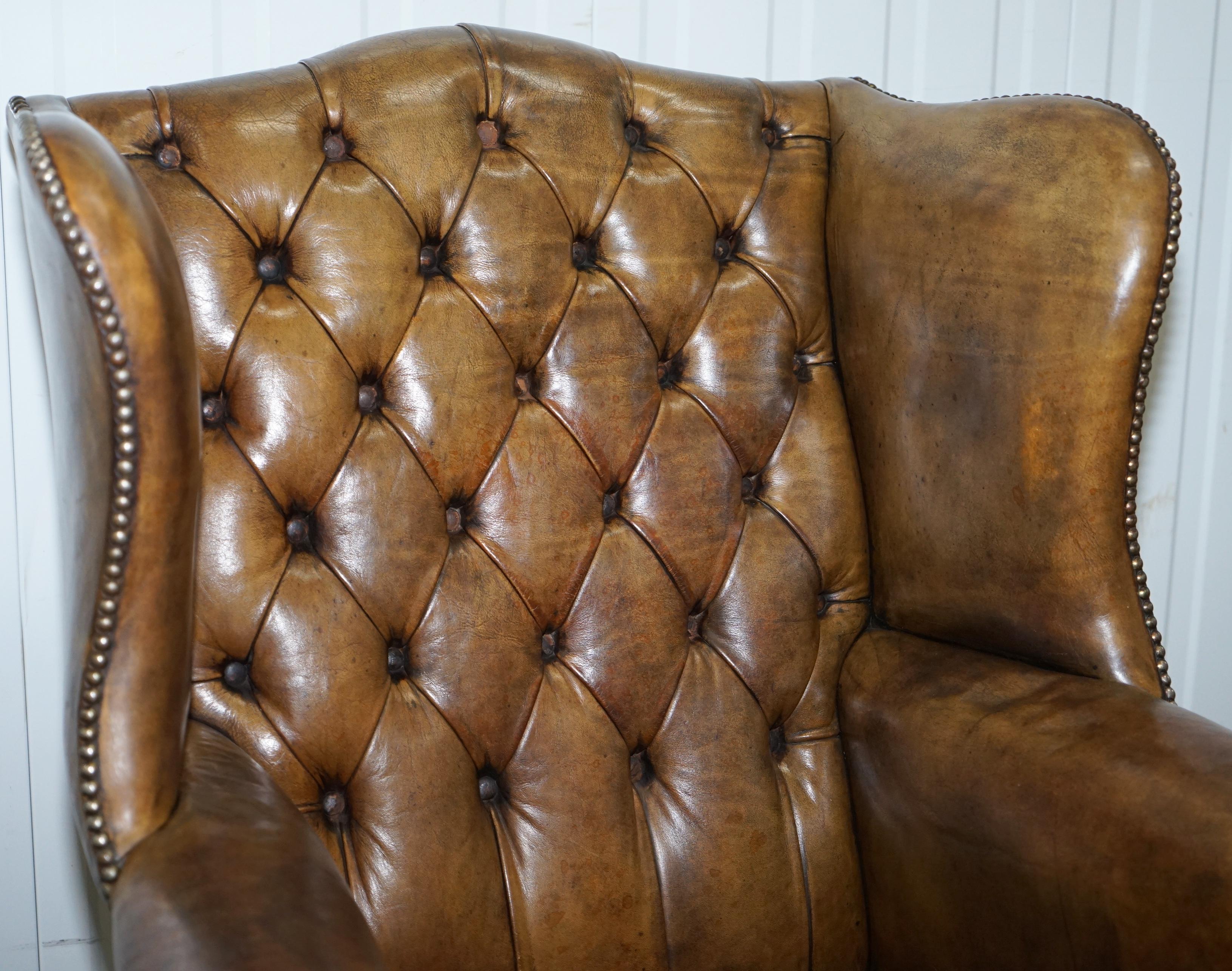 Very Rare Original 1930s Chesterfield Fully Buttoned Leather Wingback Armchair 1