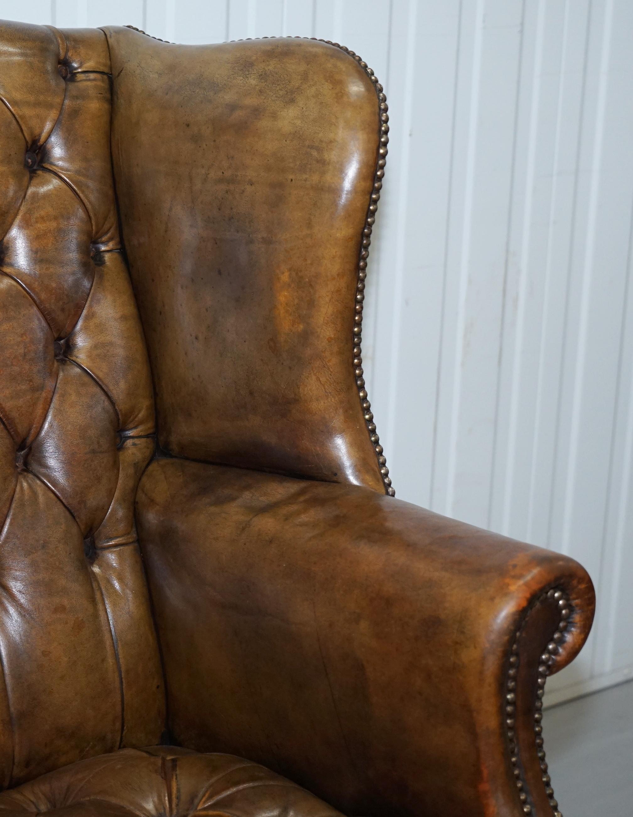 Very Rare Original 1930s Chesterfield Fully Buttoned Leather Wingback Armchair 2