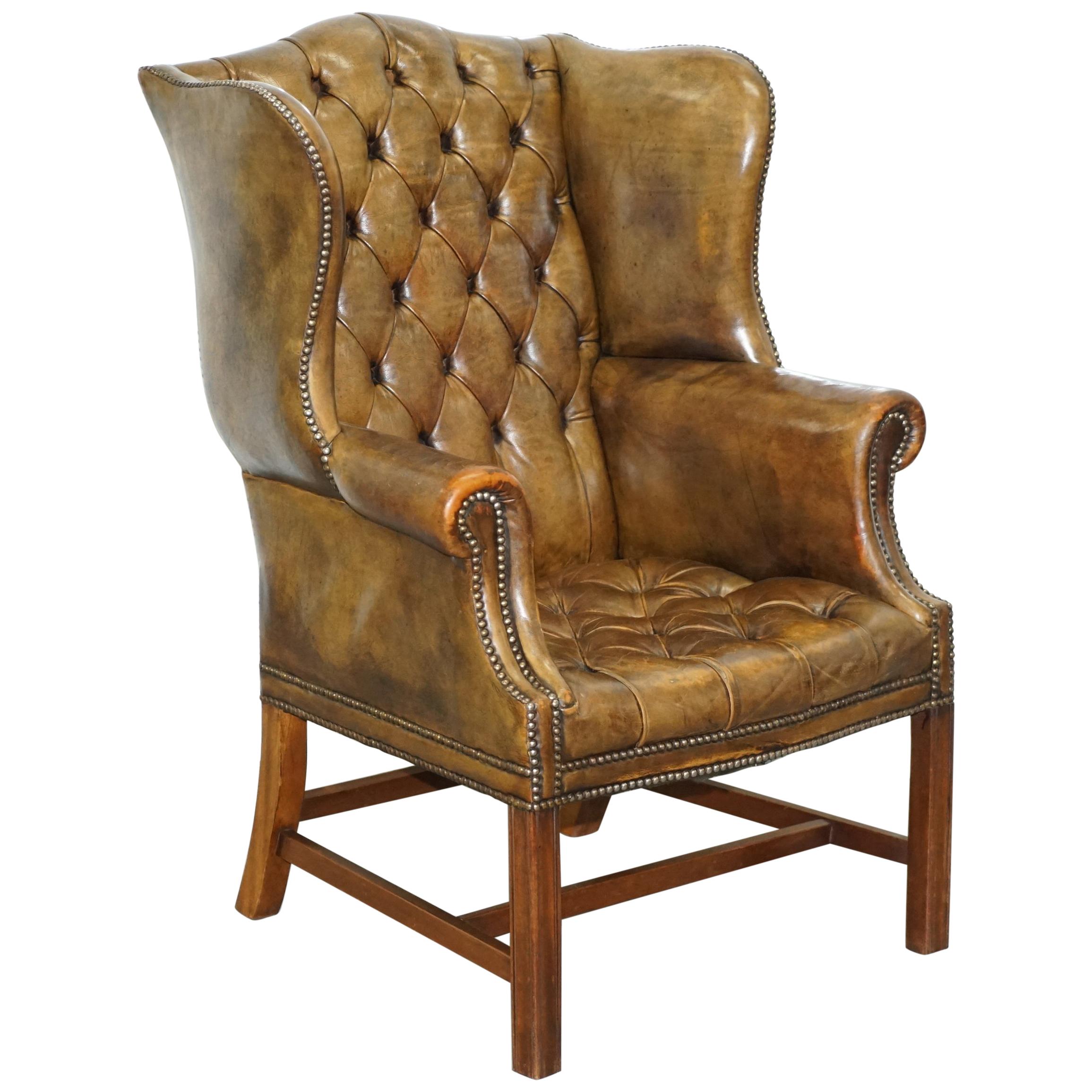 Very Rare Original 1930s Chesterfield Fully Buttoned Leather Wingback Armchair