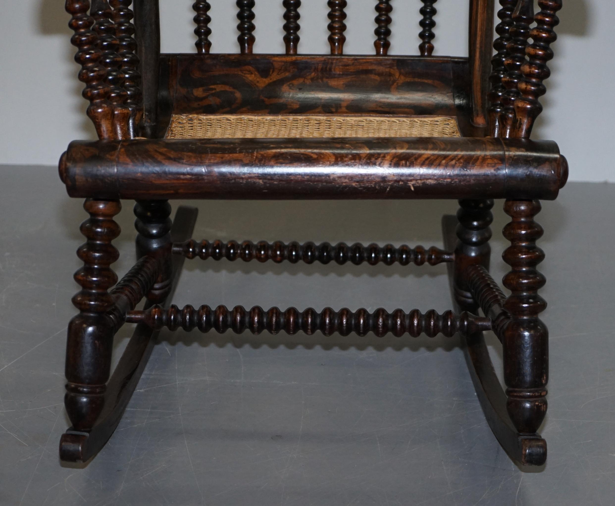 Mid-19th Century Very Rare Original Antique Victorian Bobbin Rocking Armchair Coromandel Painted