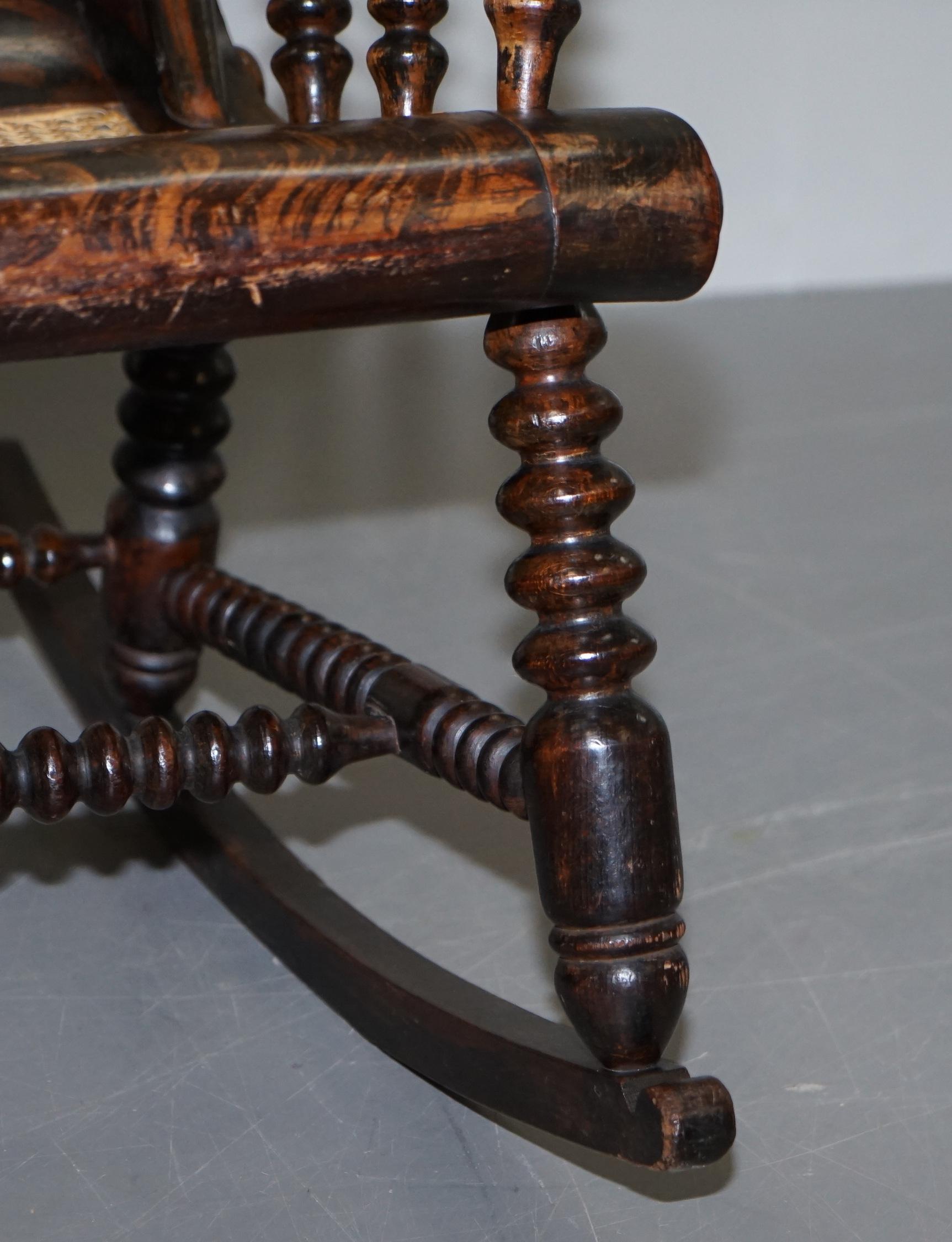 Oak Very Rare Original Antique Victorian Bobbin Rocking Armchair Coromandel Painted