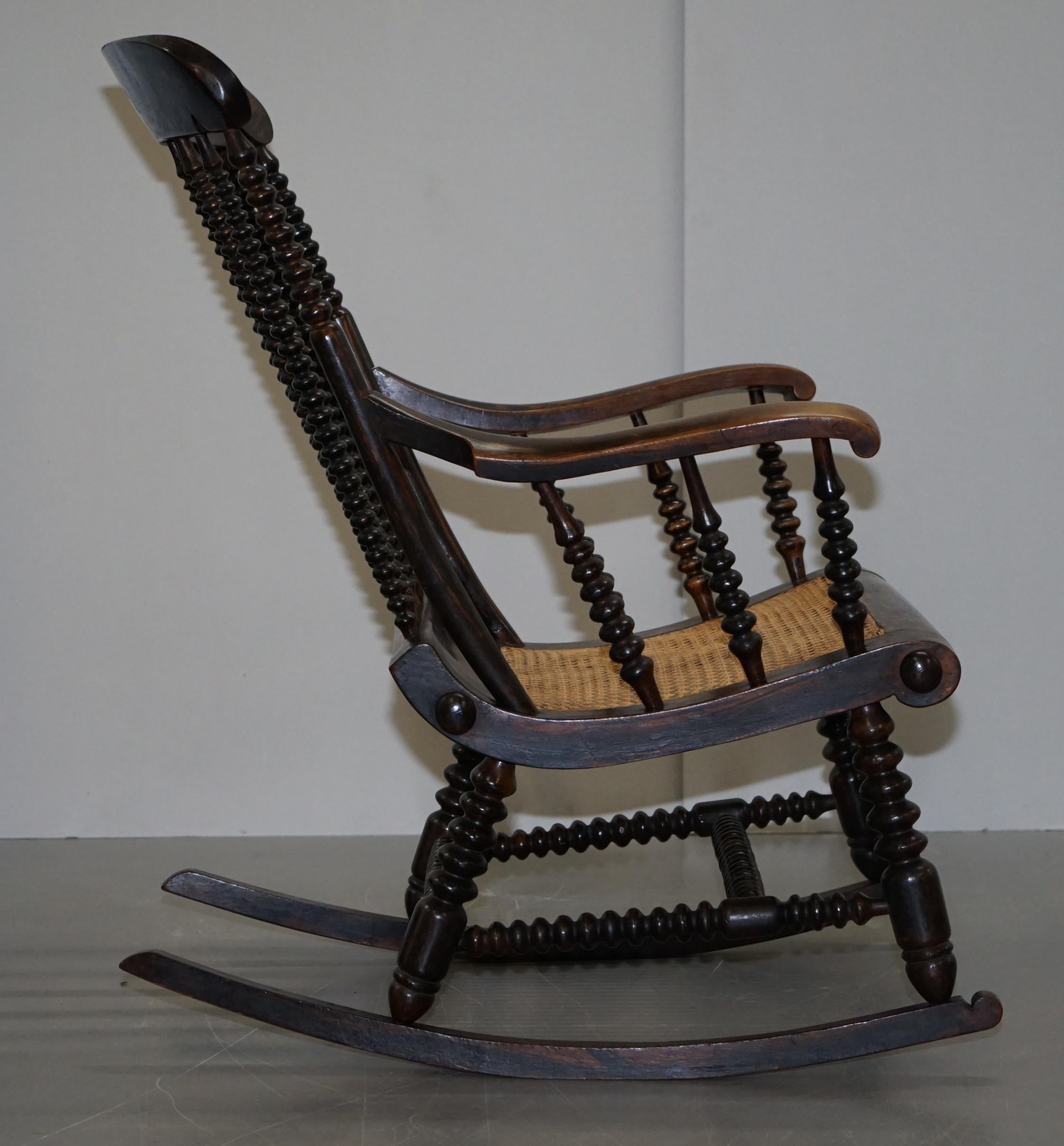 Very Rare Original Antique Victorian Bobbin Rocking Armchair Coromandel Painted 1
