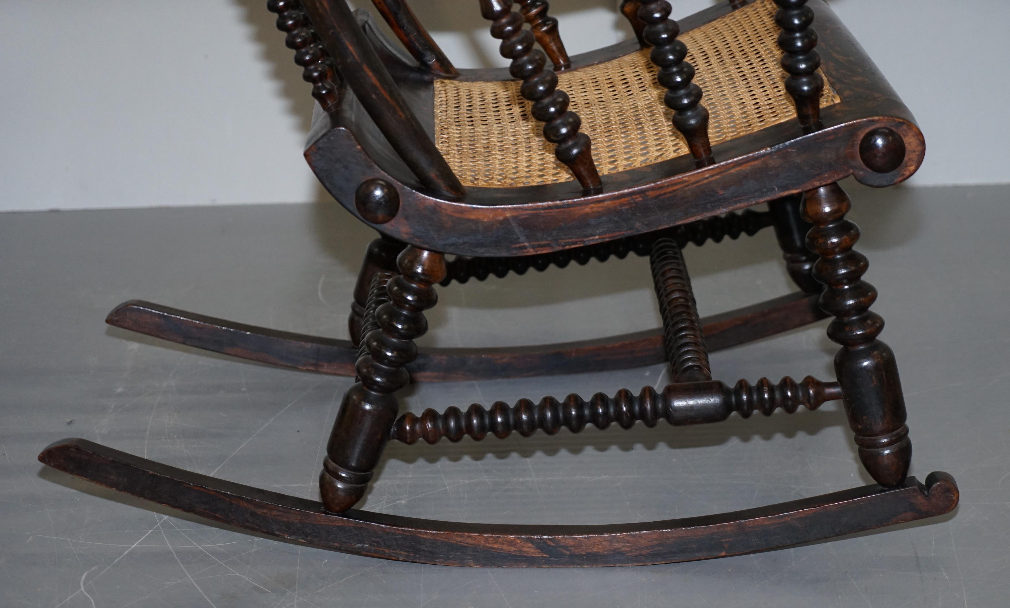 Very Rare Original Antique Victorian Bobbin Rocking Armchair Coromandel Painted 2
