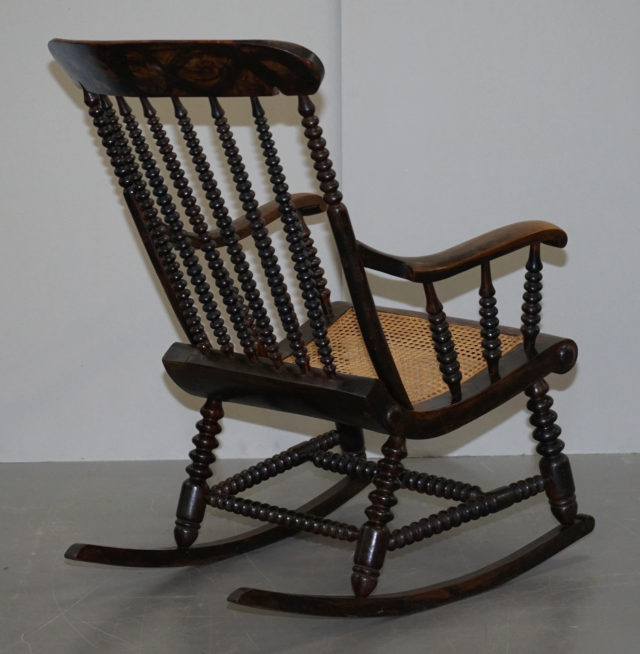 Very Rare Original Antique Victorian Bobbin Rocking Armchair Coromandel Painted 3