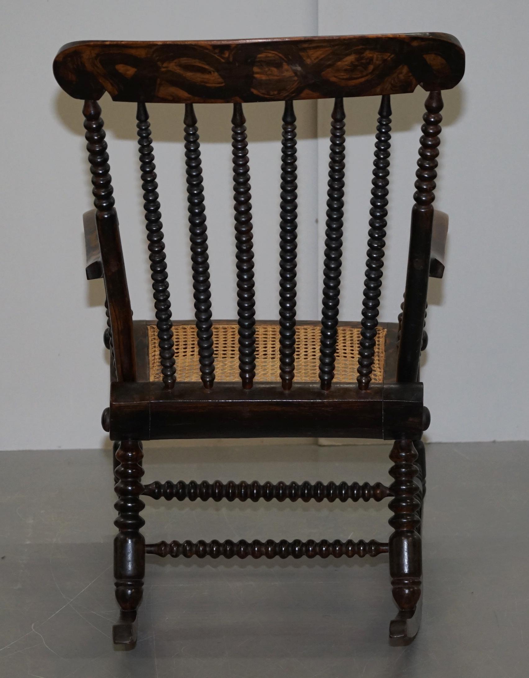 Very Rare Original Antique Victorian Bobbin Rocking Armchair Coromandel Painted 4