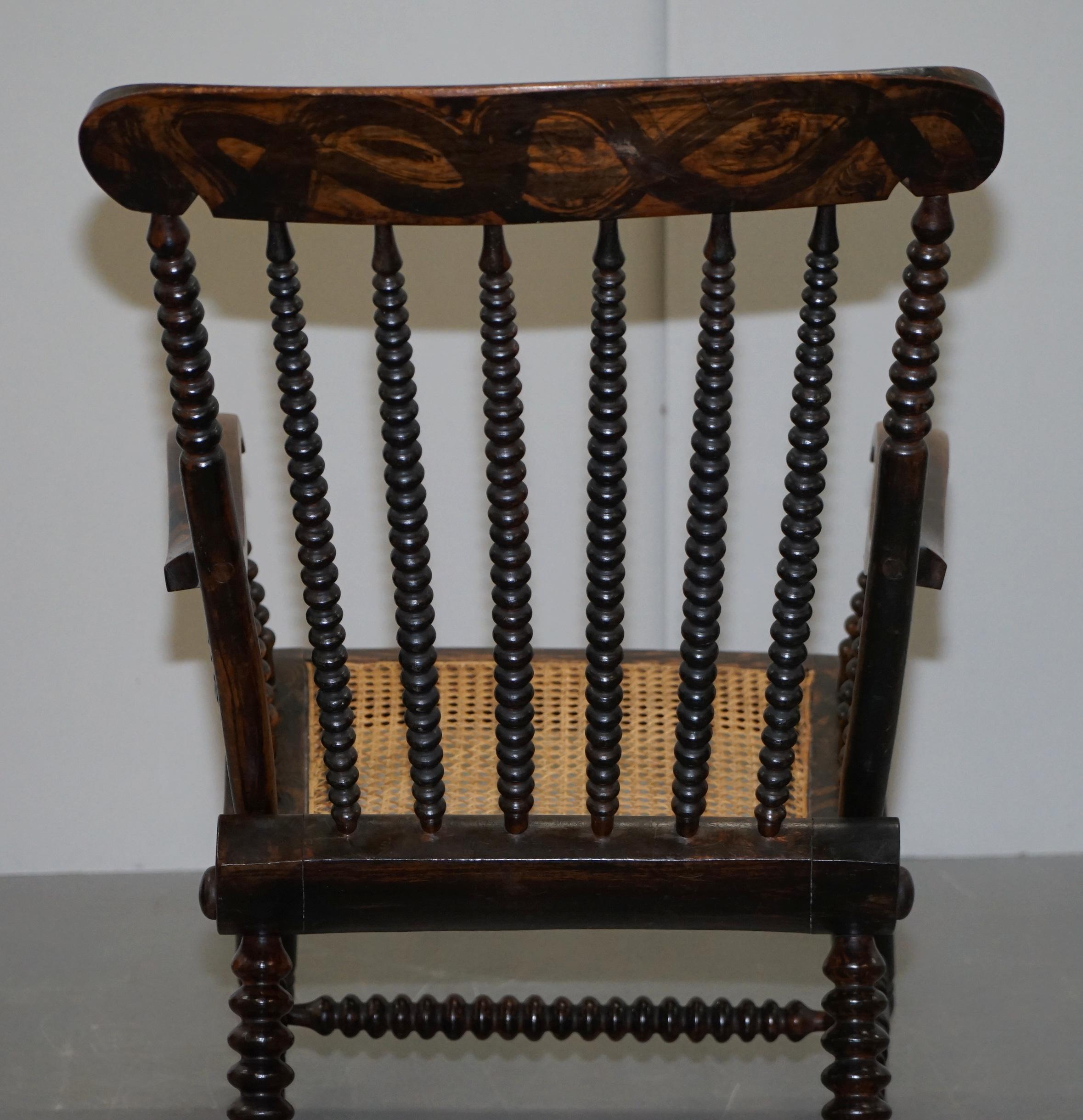 Very Rare Original Antique Victorian Bobbin Rocking Armchair Coromandel Painted 5