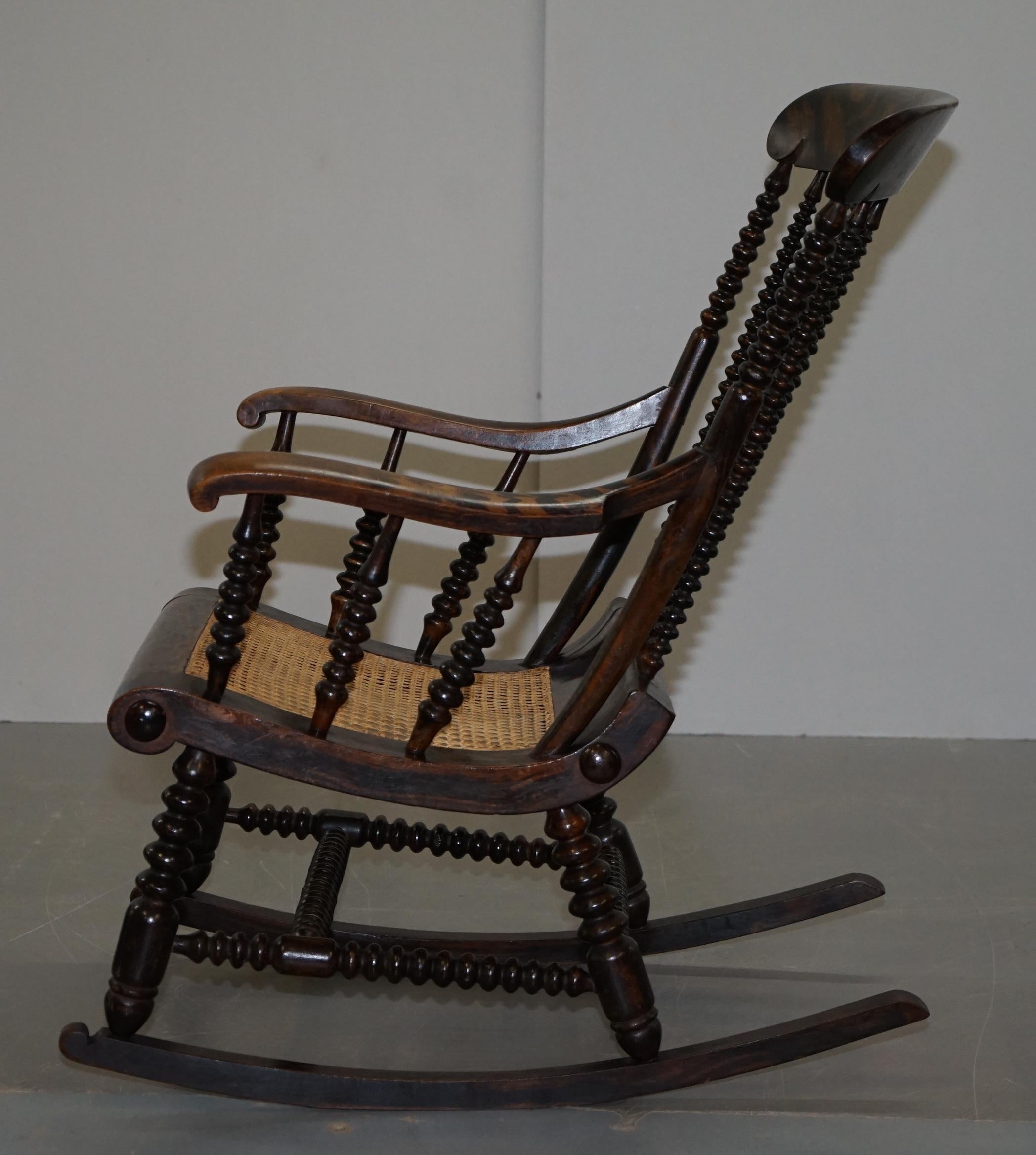 Very Rare Original Antique Victorian Bobbin Rocking Armchair Coromandel Painted 6