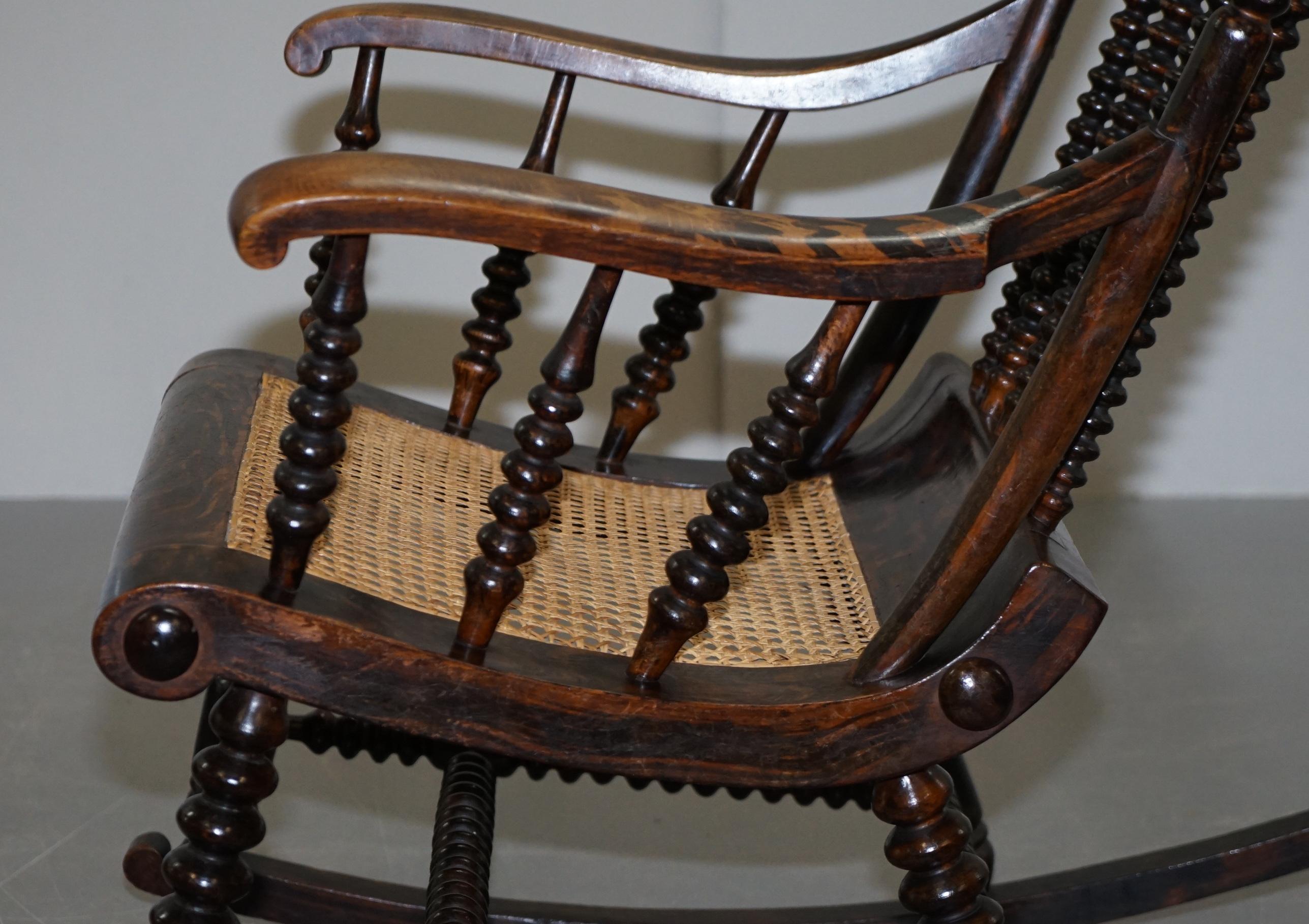 Very Rare Original Antique Victorian Bobbin Rocking Armchair Coromandel Painted 7