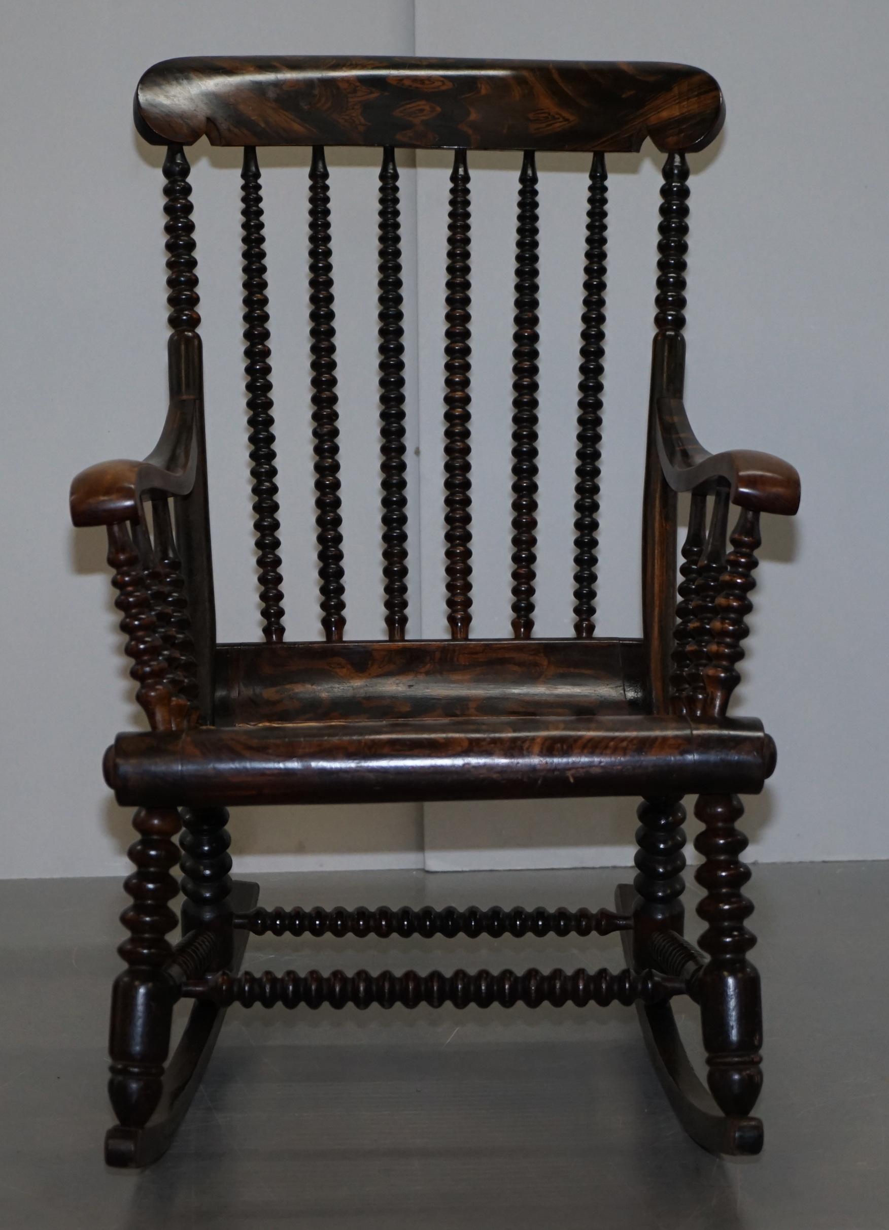 Very Rare Original Antique Victorian Bobbin Rocking Armchair Coromandel