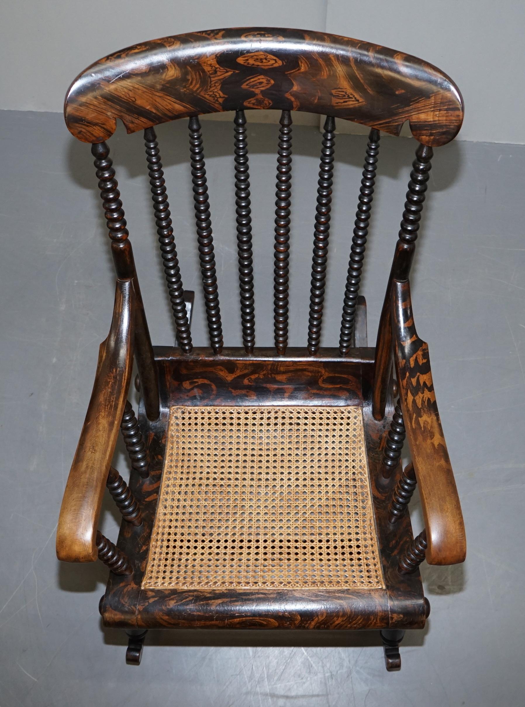 English Very Rare Original Antique Victorian Bobbin Rocking Armchair Coromandel Painted