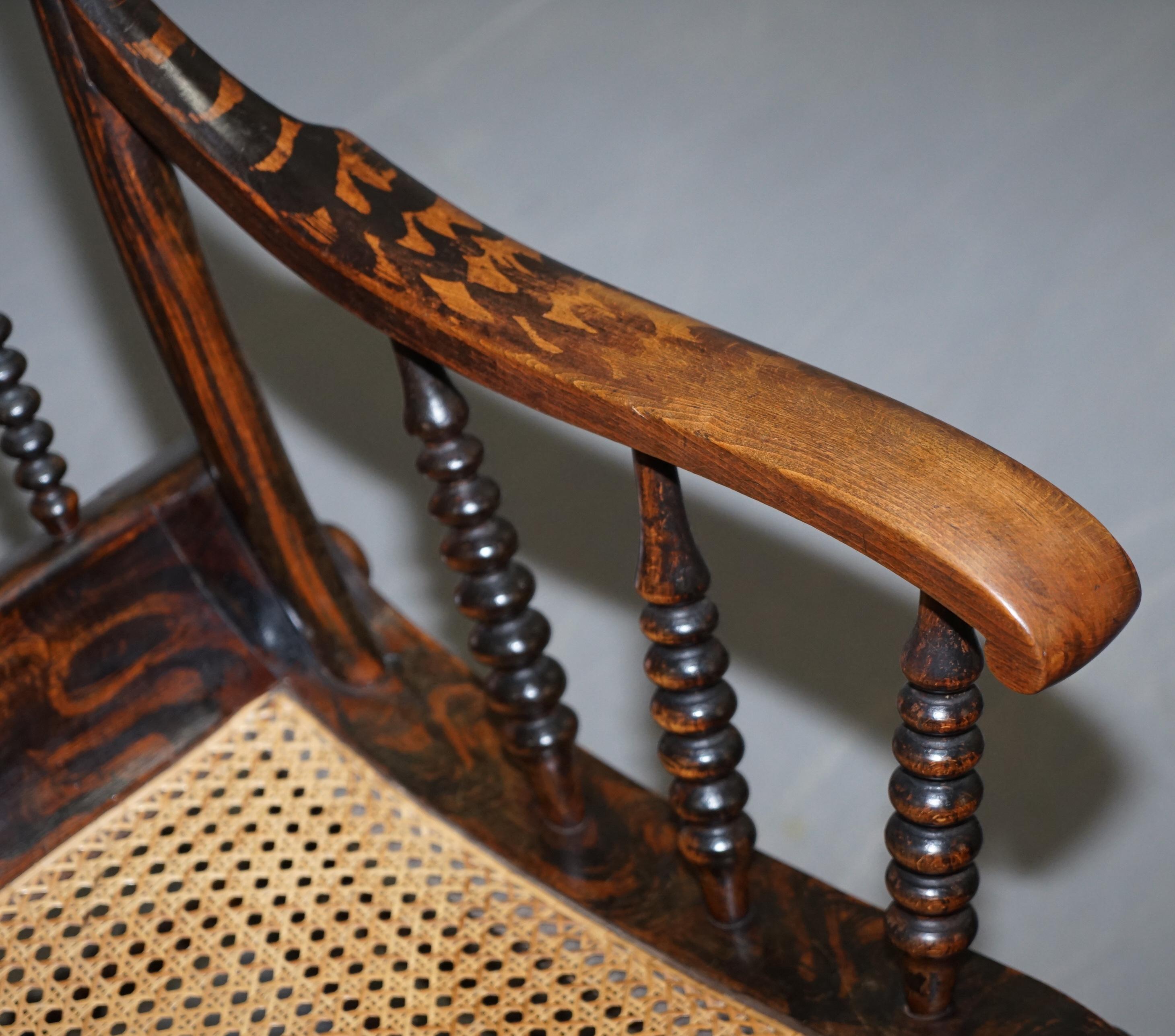 Very Rare Original Antique Victorian Bobbin Rocking Armchair Coromandel Painted In Good Condition In West Sussex, Pulborough