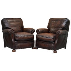 Very Rare Original French circa 1880 Brown Leather Club Armchairs Hand Dyed