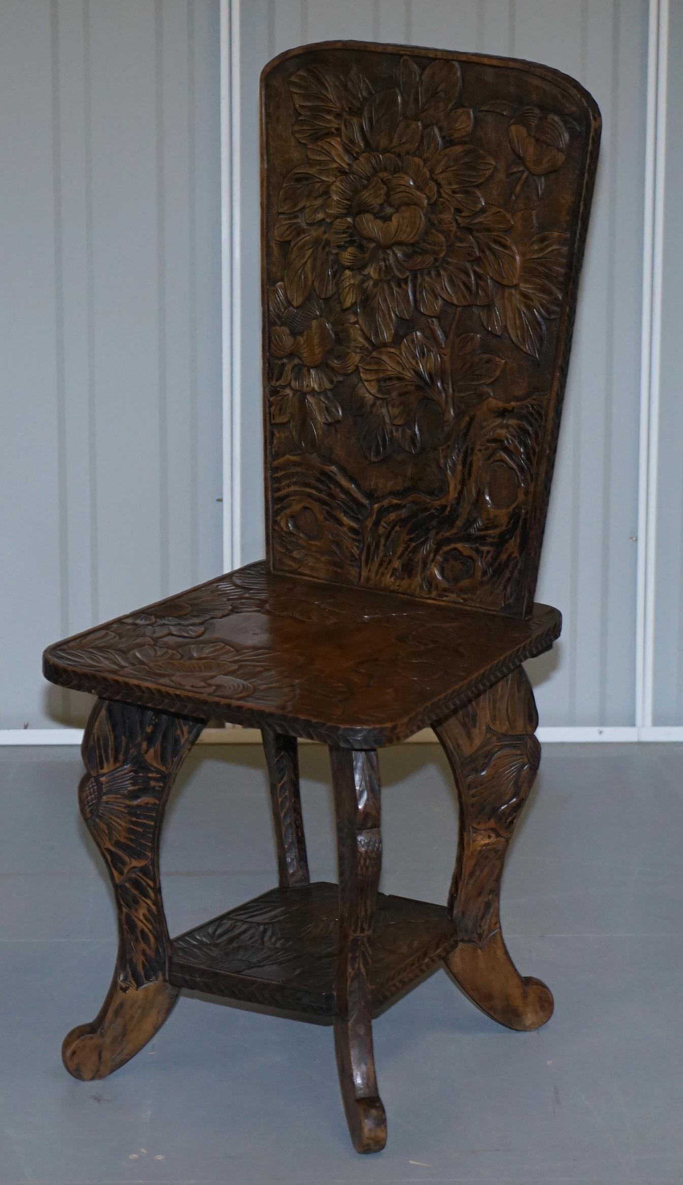 Chinese Very Rare Original Liberty's London Signed Qing Dynasty Chair Floral Carving For Sale