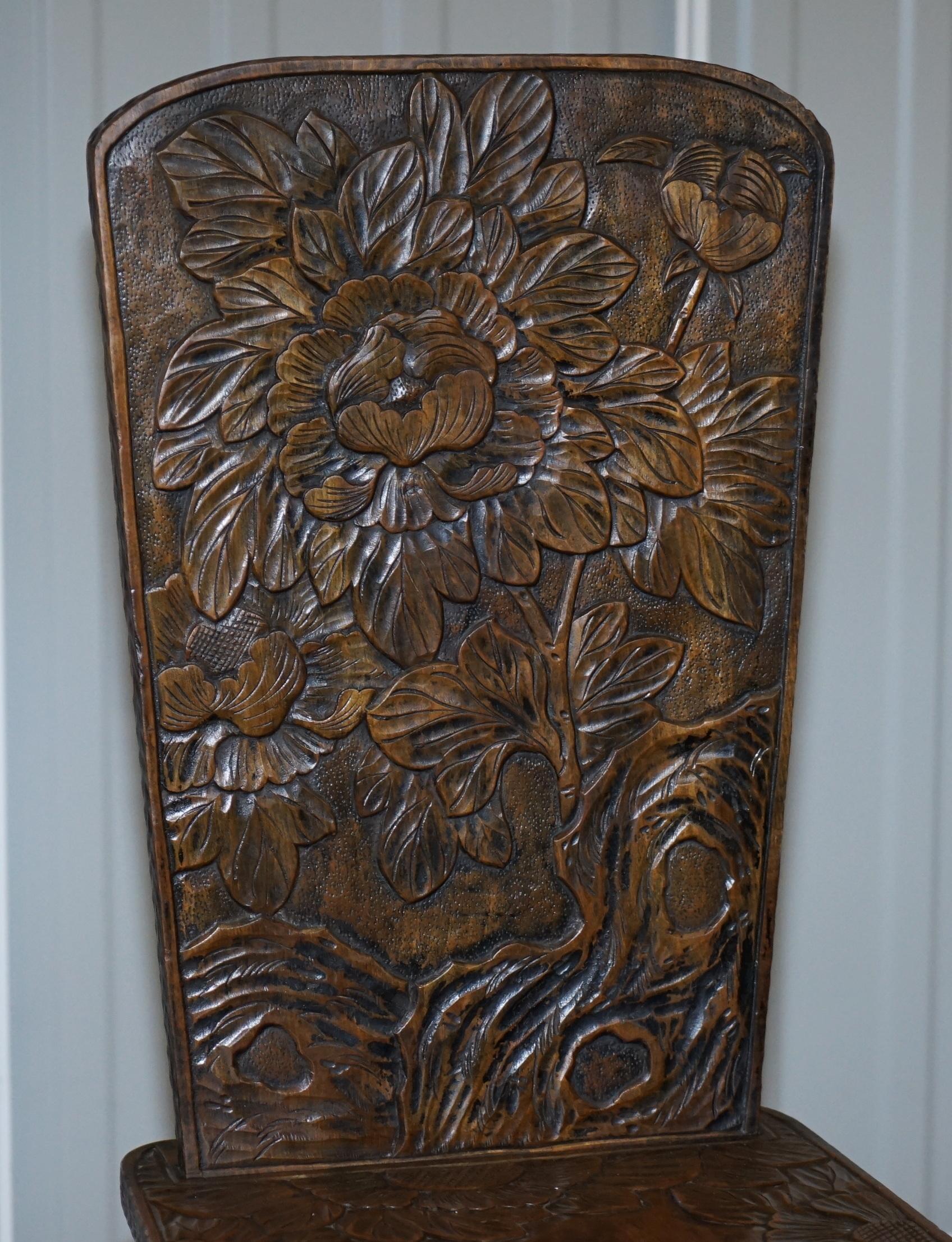 Early 20th Century Very Rare Original Liberty's London Signed Qing Dynasty Chair Floral Carving For Sale