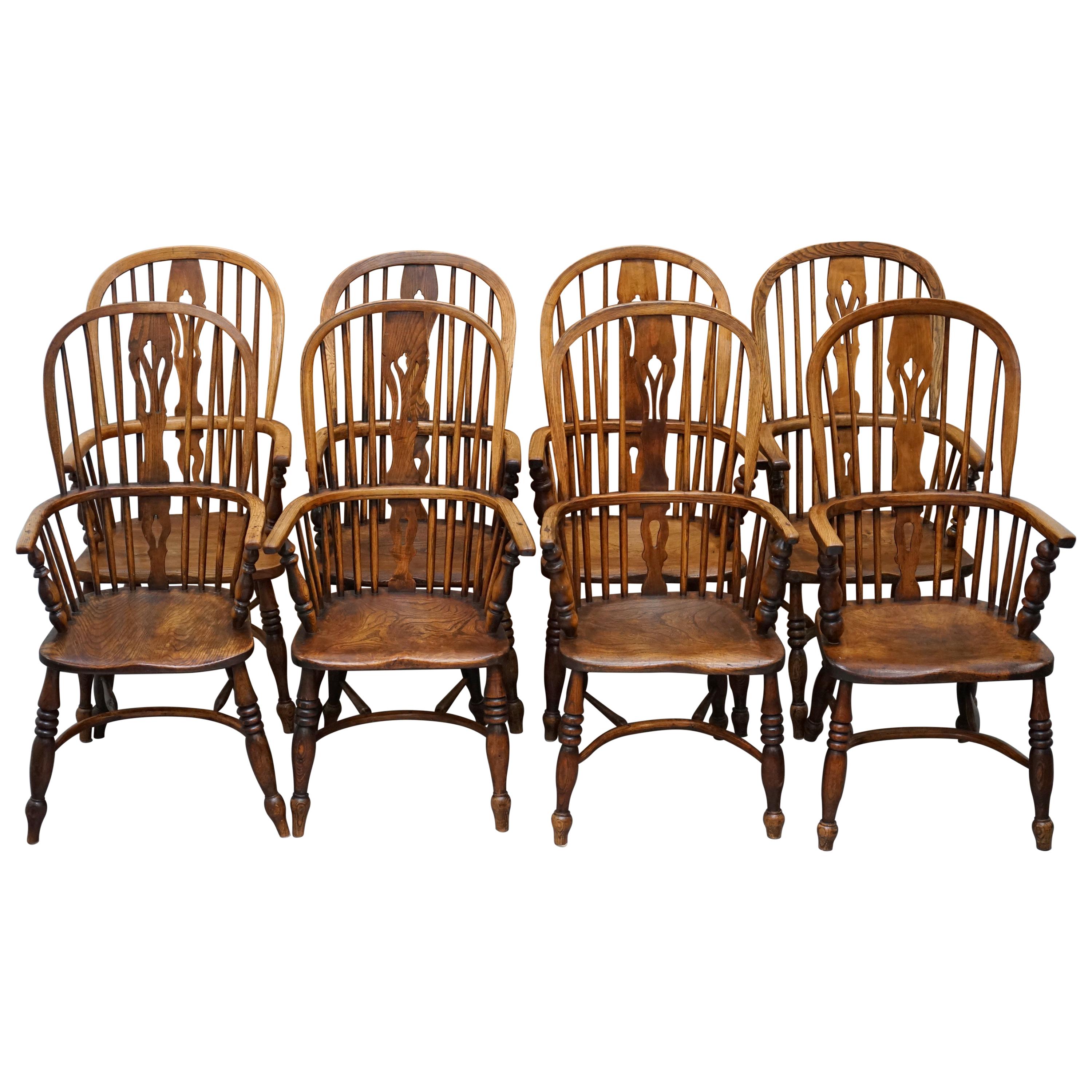 Very Rare Original Set of Eight circa 1860 English Windsor Armchairs Elm & Ash 8