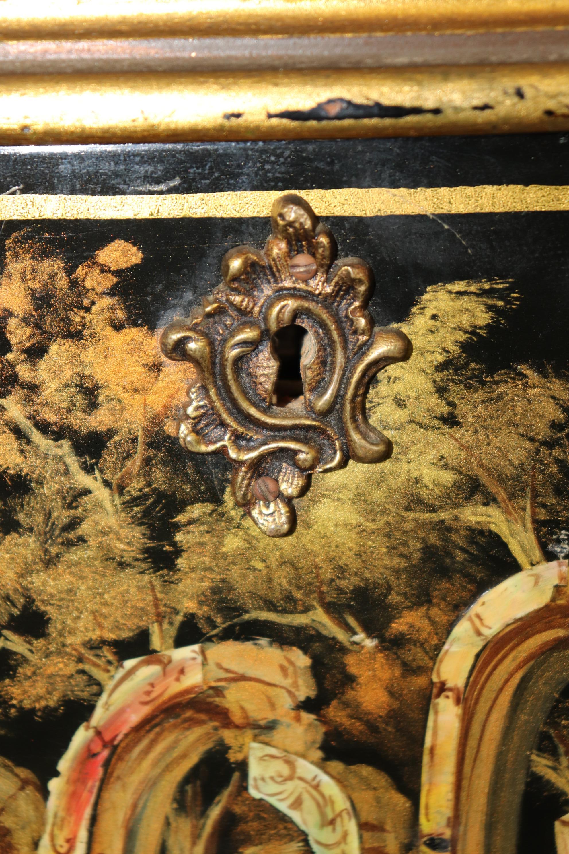 Bronze Very Rare Pair of Antique Black and Gold Chinoiserie Vitrines manner of Sormani