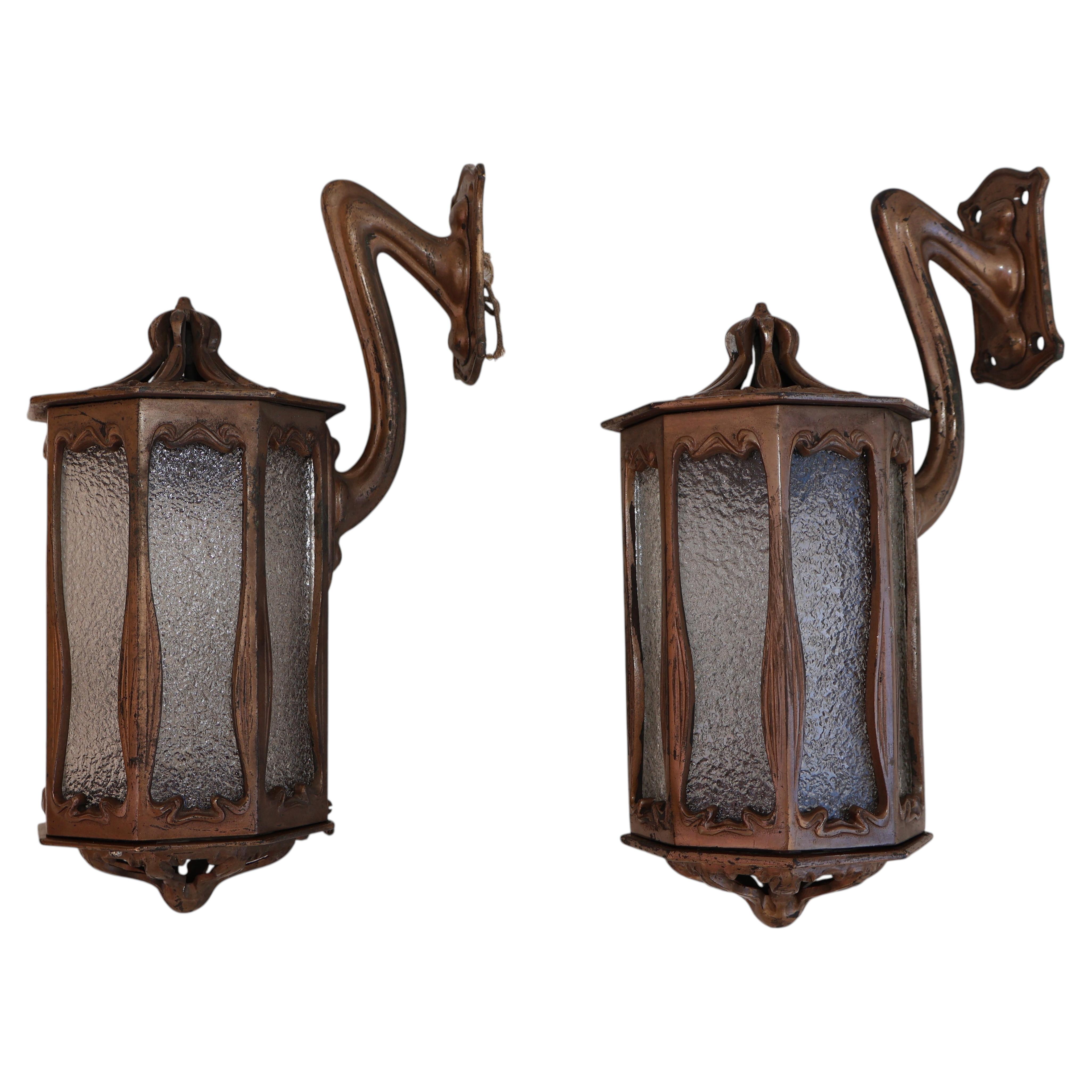 Very rare pair of french Art Nouveau bronze outdoor/indoor sconces