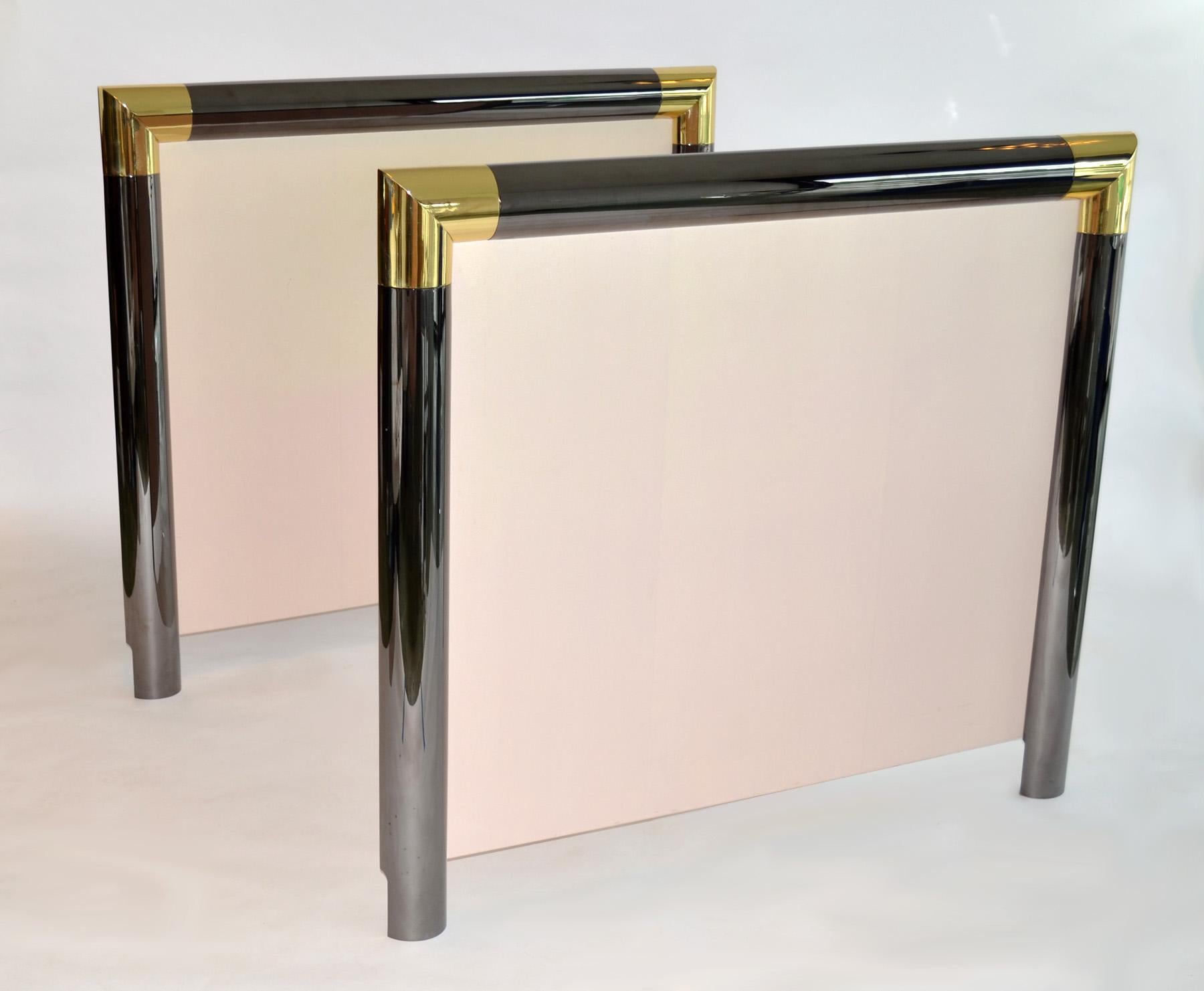 Pair of Signed Steel Brass Headboards by Karl Springer 1980s

Presenting an extraordinary discovery from a lavish Palm Beach, Florida estate, we offer a breathtaking pair of custom-designed headboards hailing from the early 1980s. Crafted by the