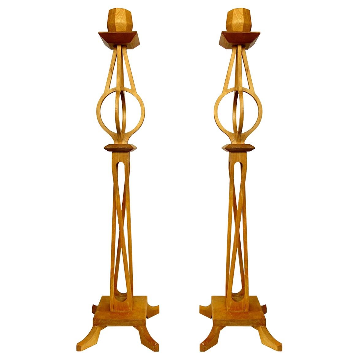 Very Rare Pair of High Mid-Century Wooden Candlesticks by Selma Helmer Loberg For Sale