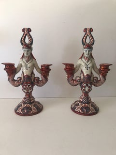 Very Rare Pair of Italian 19th Century Cantagalli Earthenware Demon Candelabras
