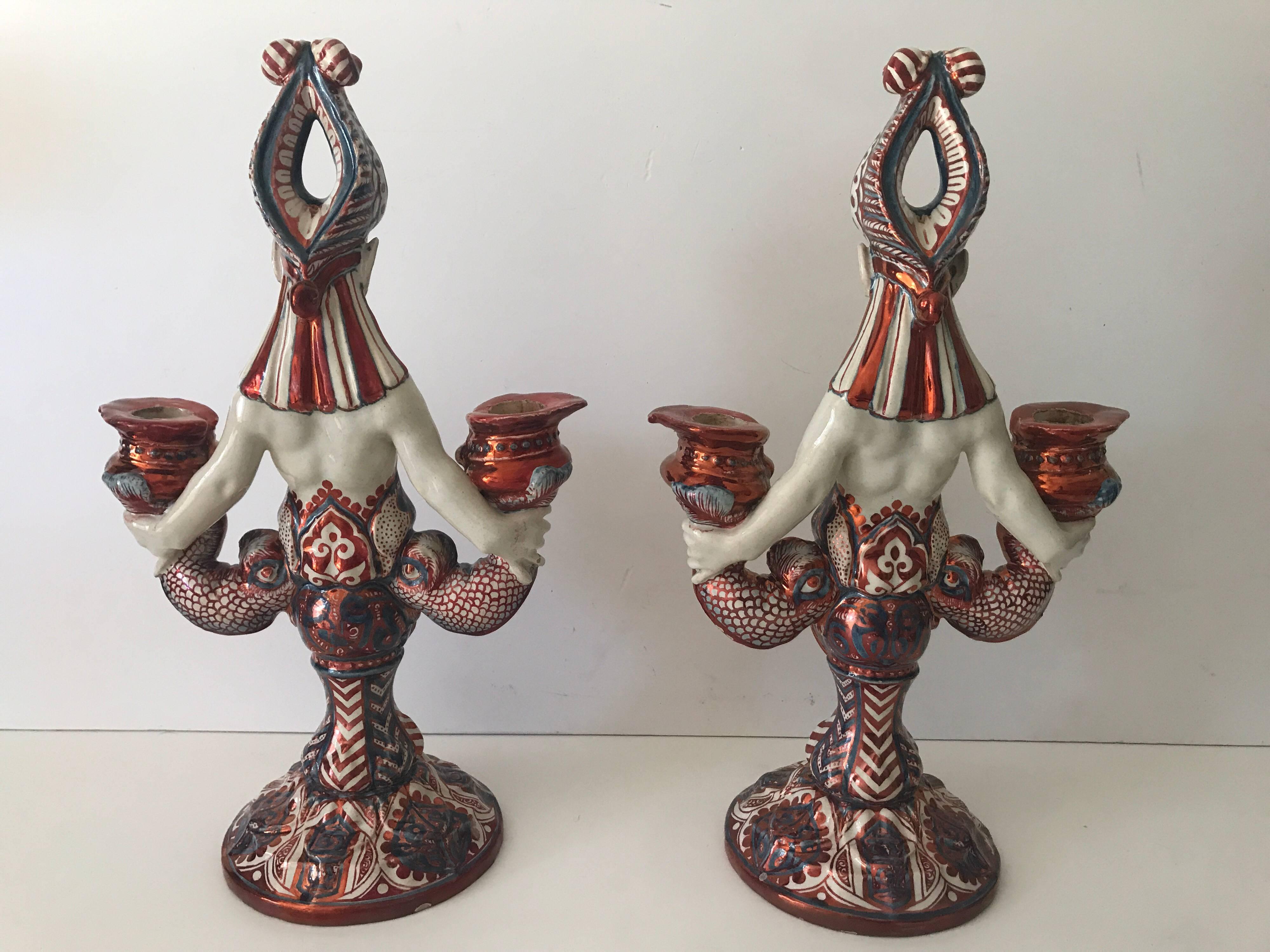 Very Rare Pair of Italian 19th Century Cantagalli Earthenware Demon Candelabras In Good Condition For Sale In Drottningholm, SE