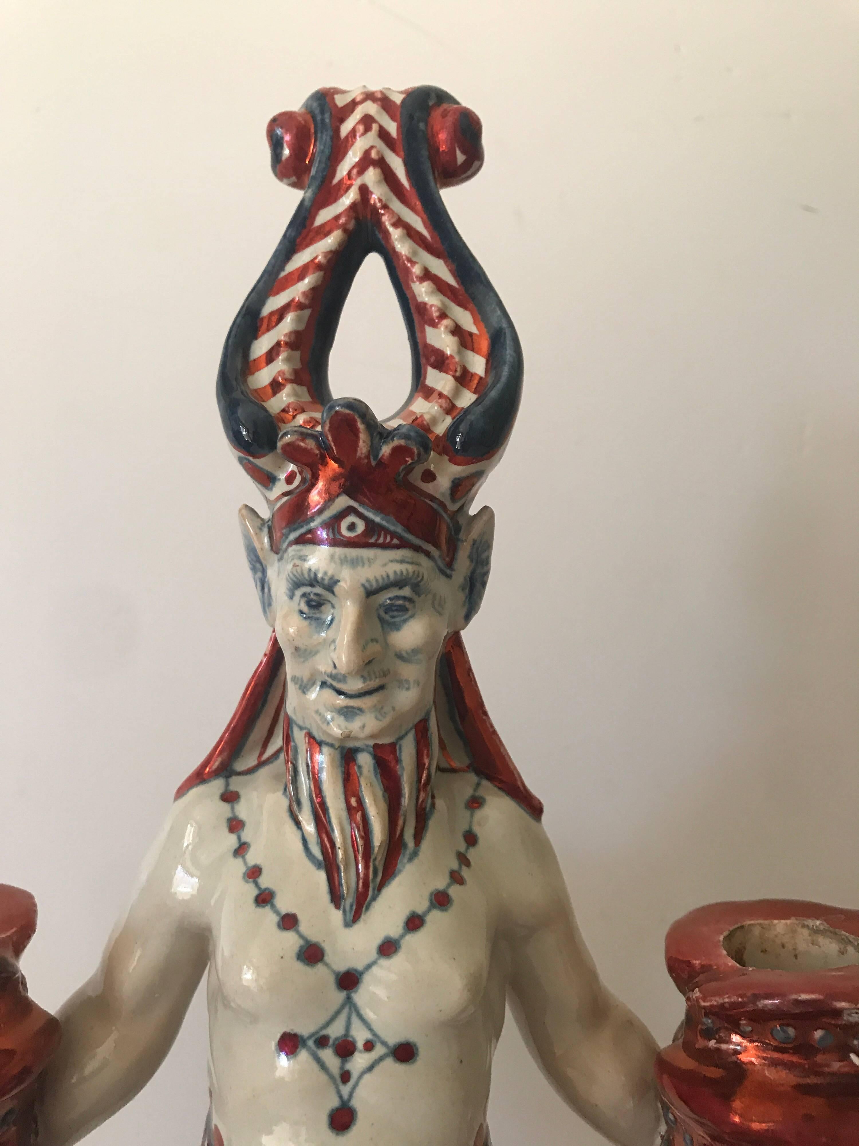 Late 19th Century Very Rare Pair of Italian 19th Century Cantagalli Earthenware Demon Candelabras For Sale