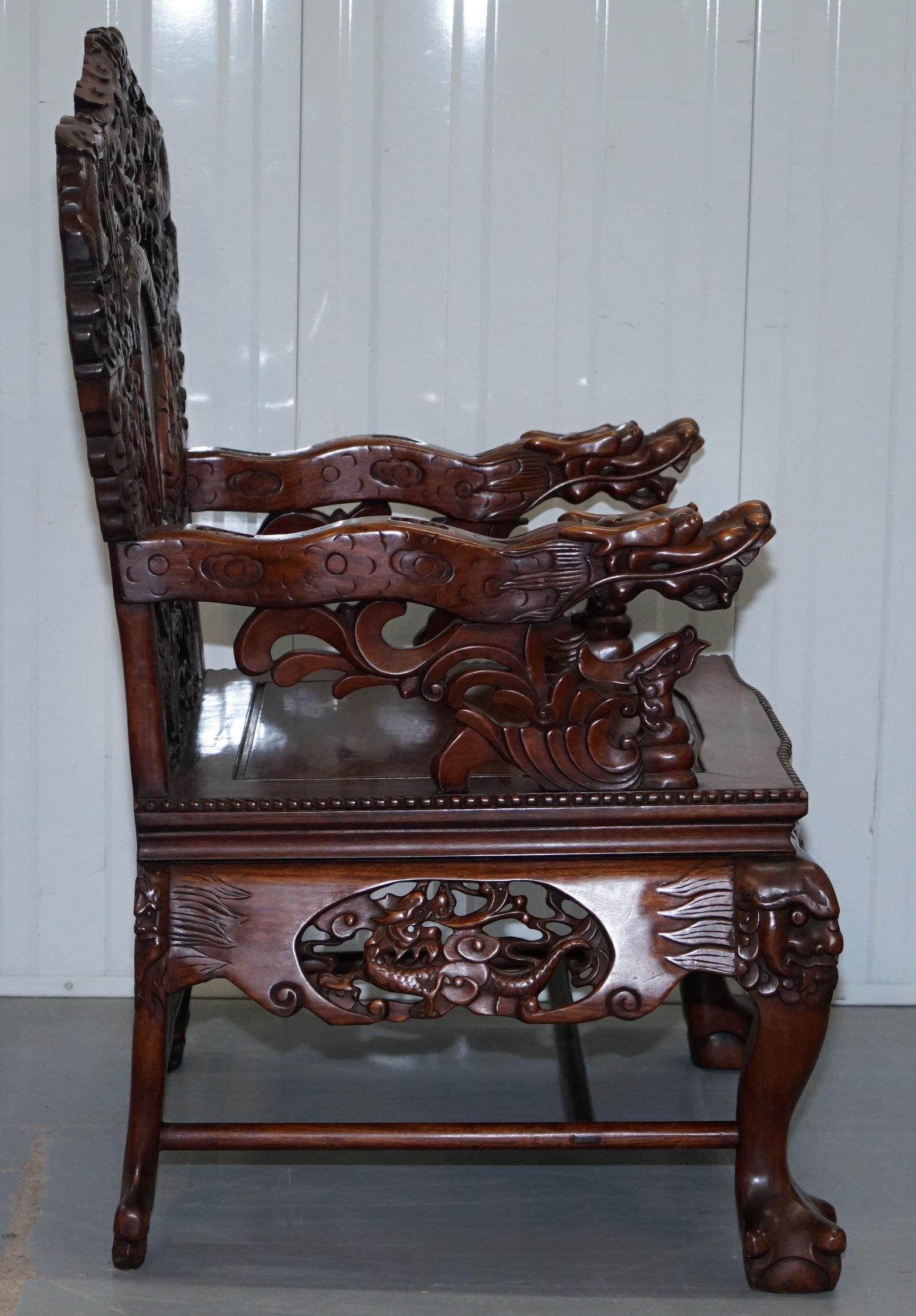 Very Rare Pair of Large Marble Backed Chinese Dragon Carved Throne Armchairs 4