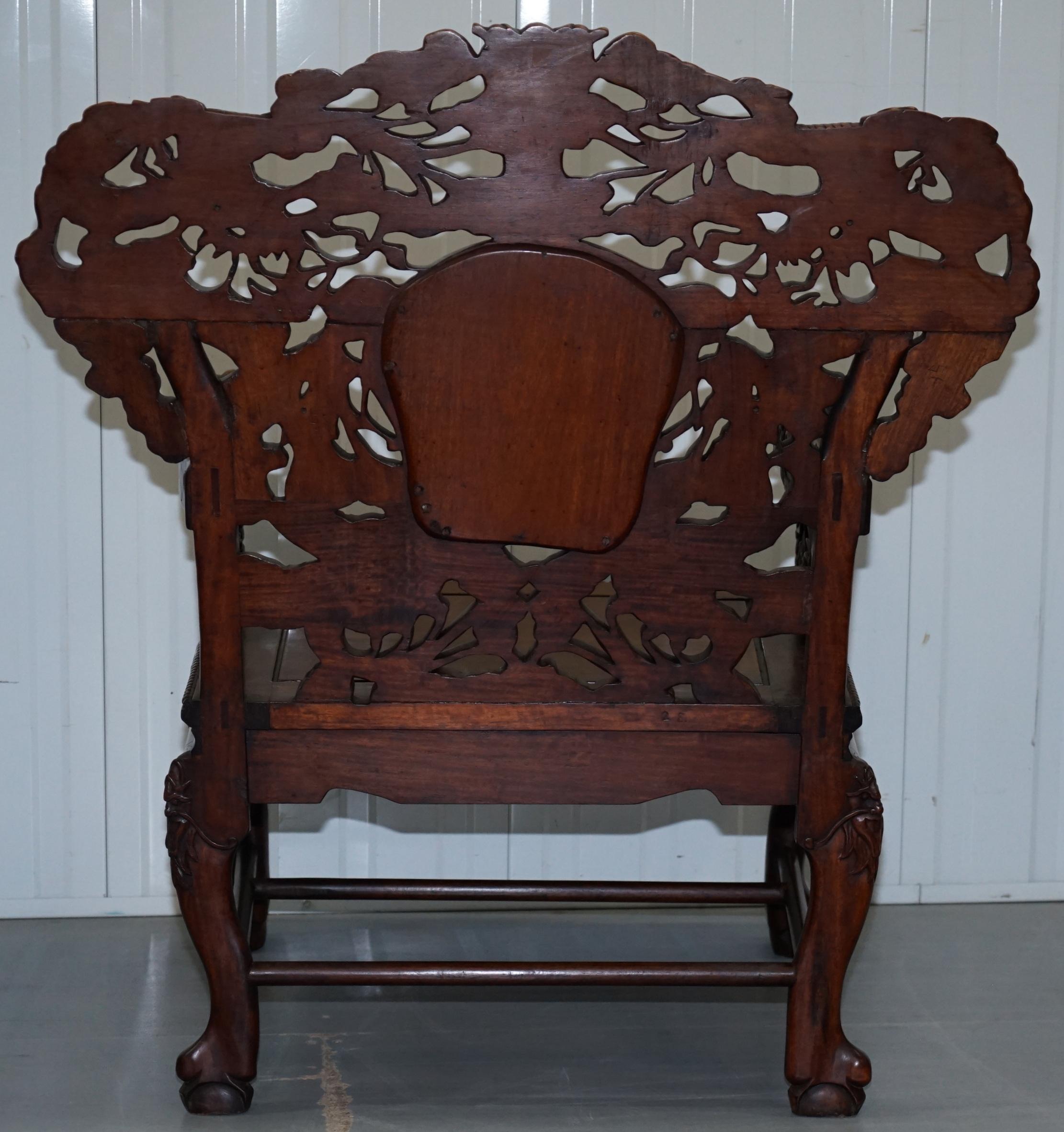 Very Rare Pair of Large Marble Backed Chinese Dragon Carved Throne Armchairs 6