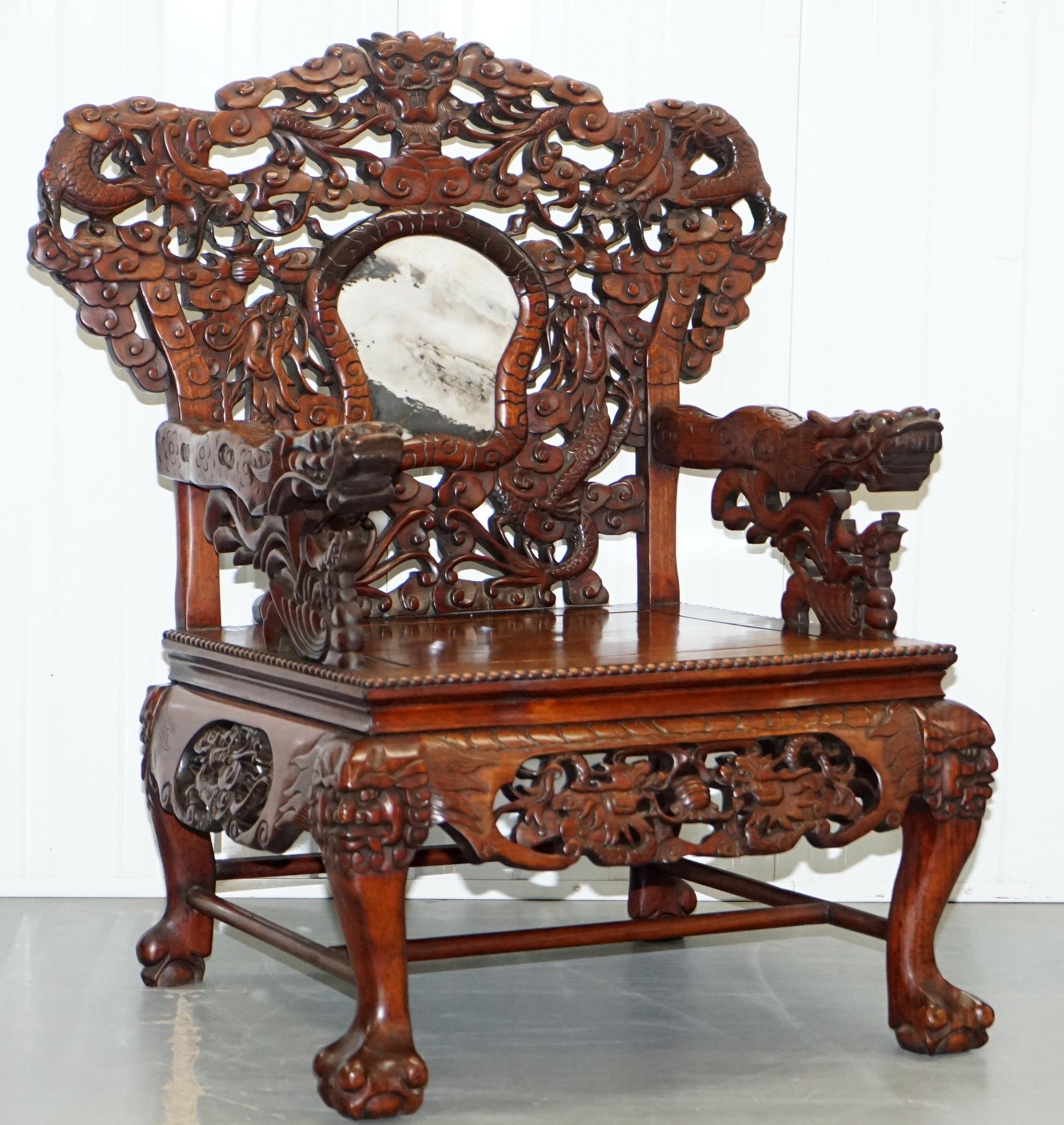 Very Rare Pair of Large Marble Backed Chinese Dragon Carved Throne Armchairs 7