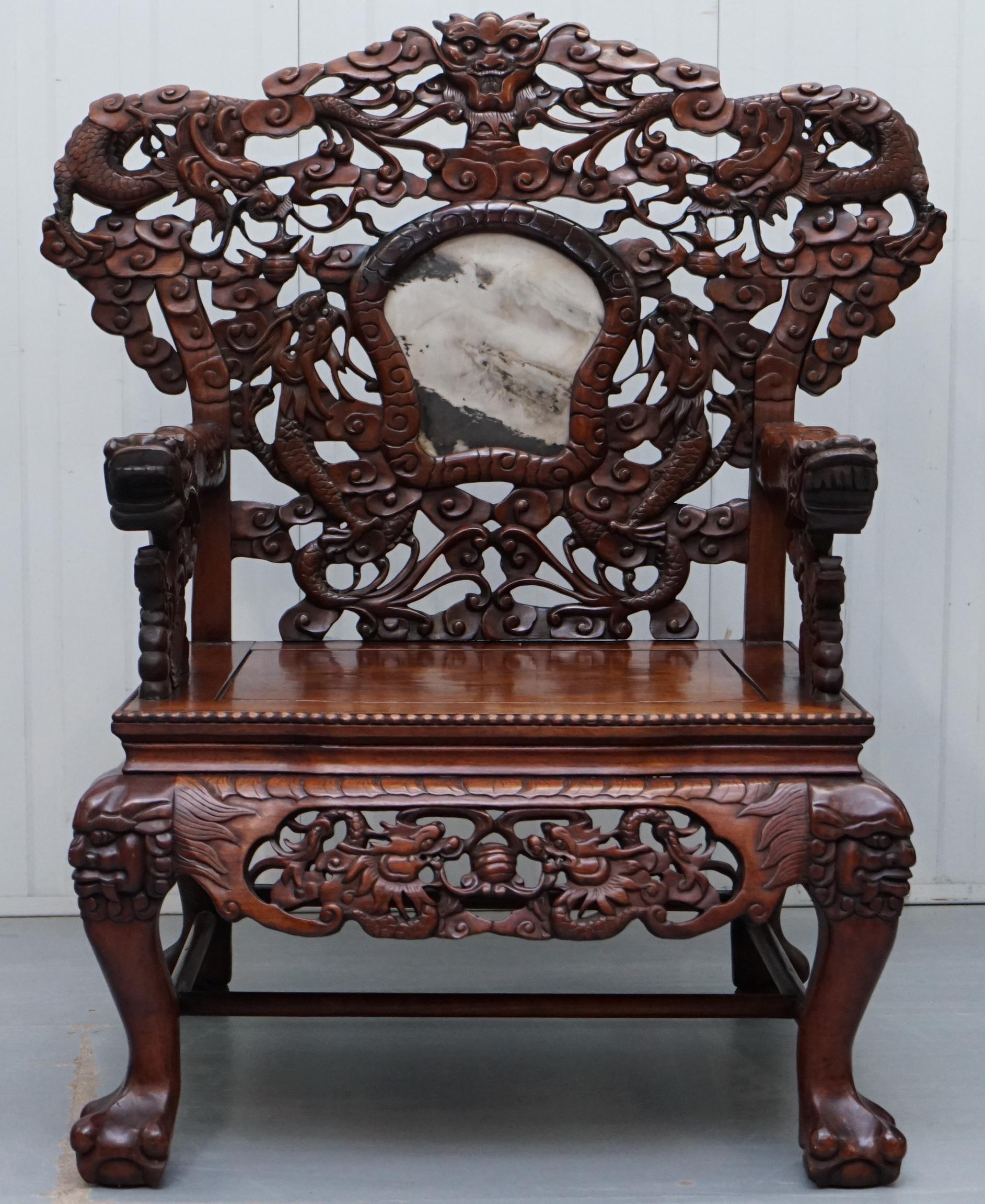 Very Rare Pair of Large Marble Backed Chinese Dragon Carved Throne Armchairs 8