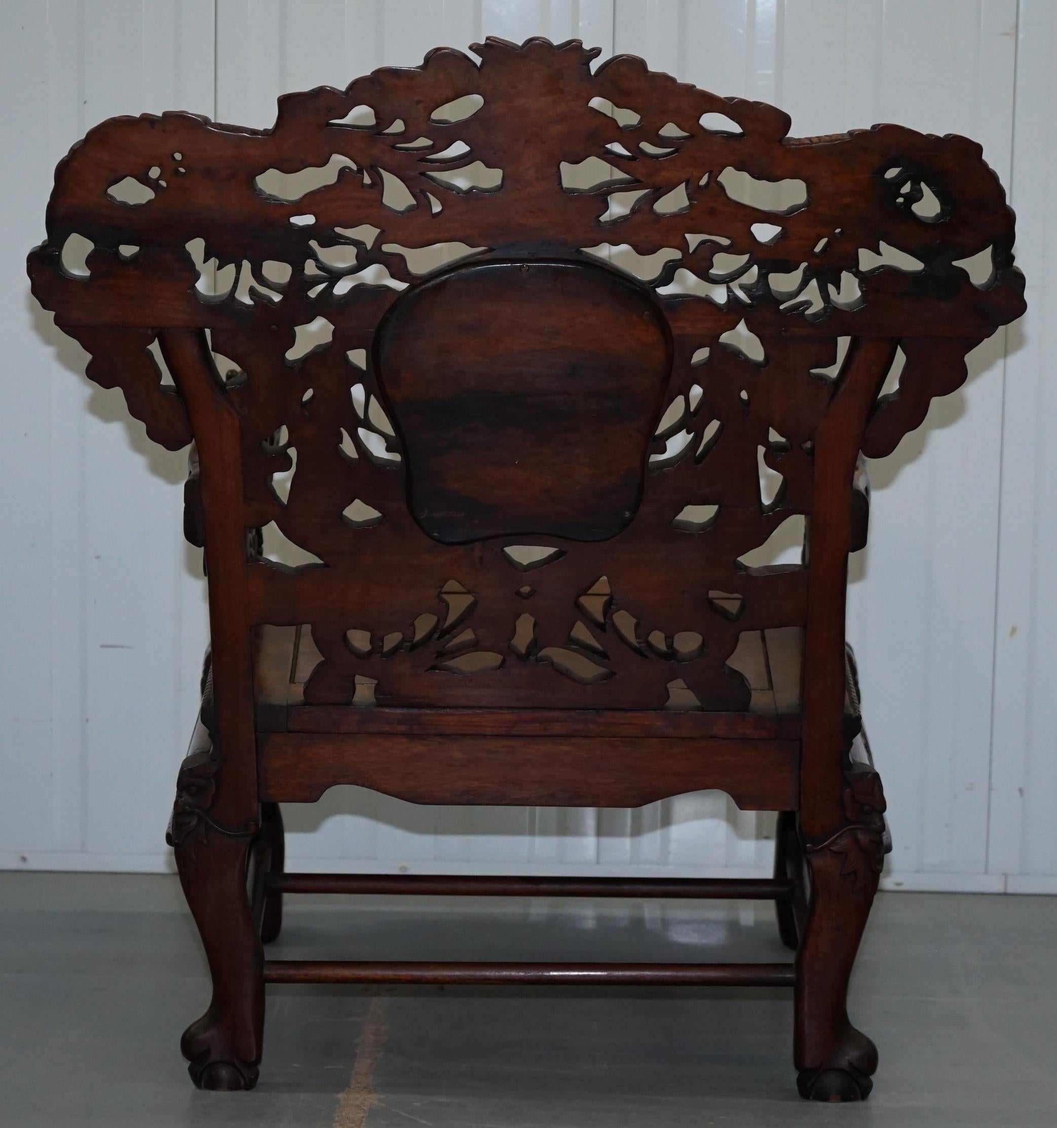 Very Rare Pair of Large Marble Backed Chinese Dragon Carved Throne Armchairs 13