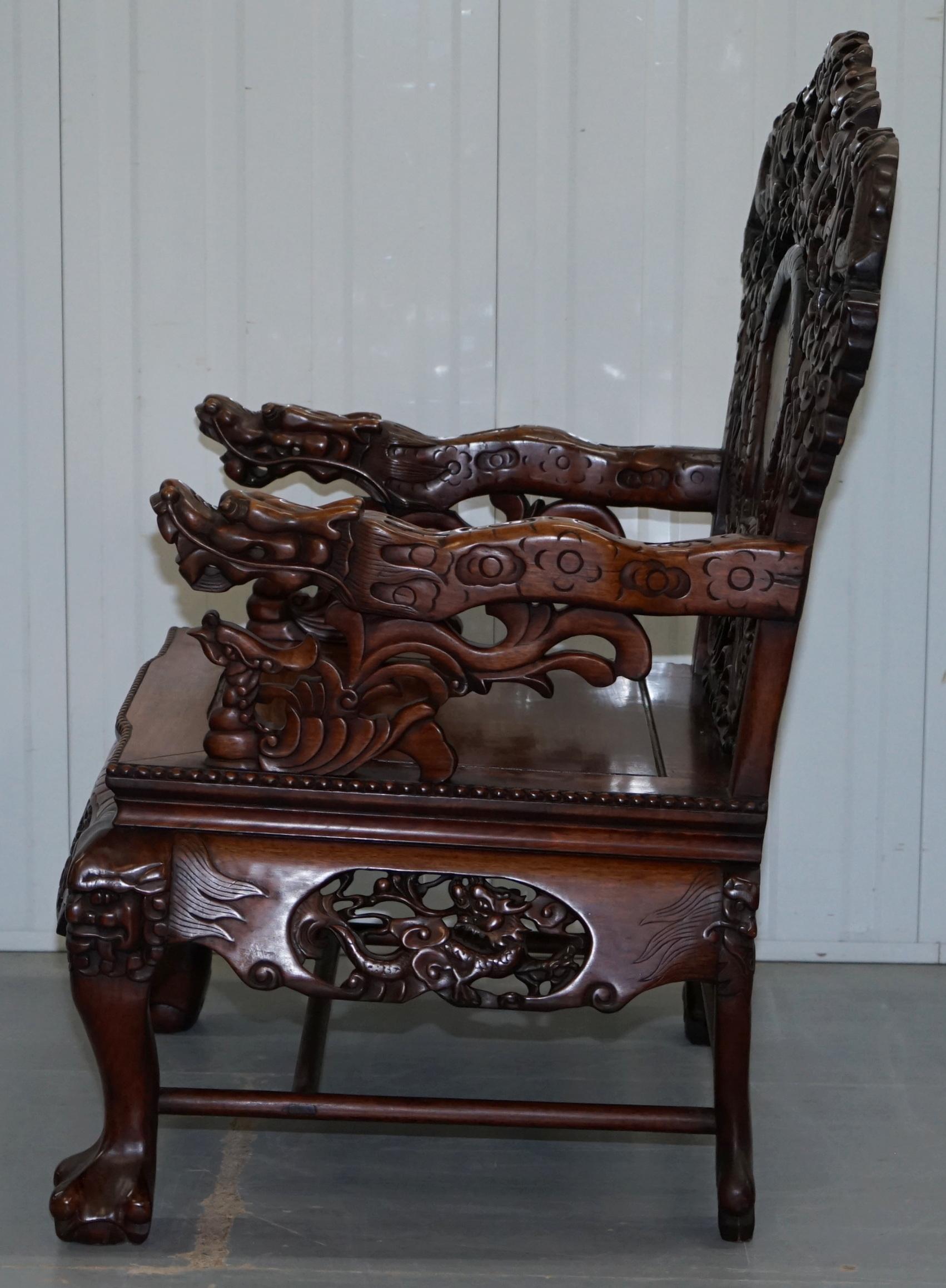 Very Rare Pair of Large Marble Backed Chinese Dragon Carved Throne Armchairs 14