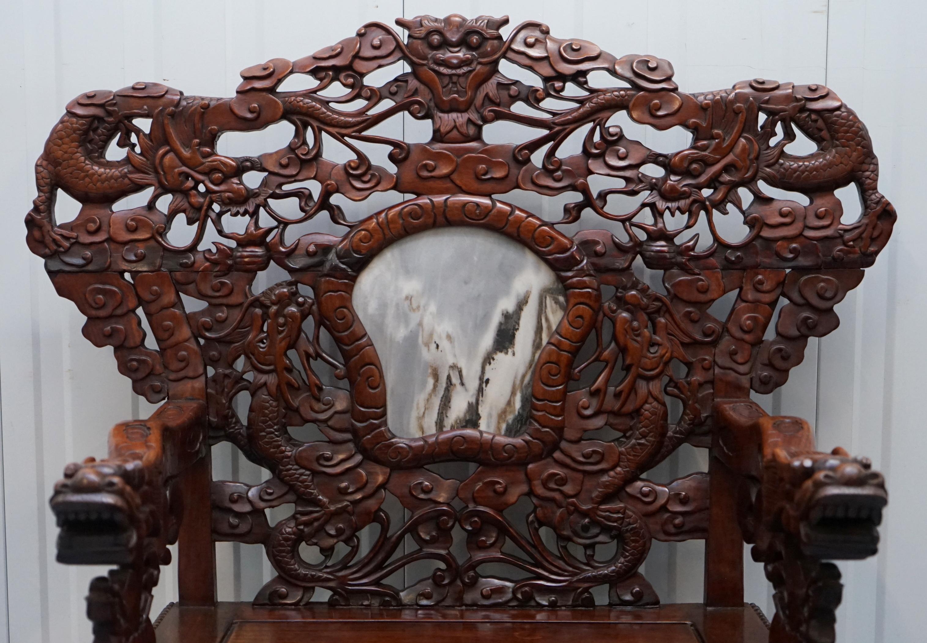 Chinese Export Very Rare Pair of Large Marble Backed Chinese Dragon Carved Throne Armchairs