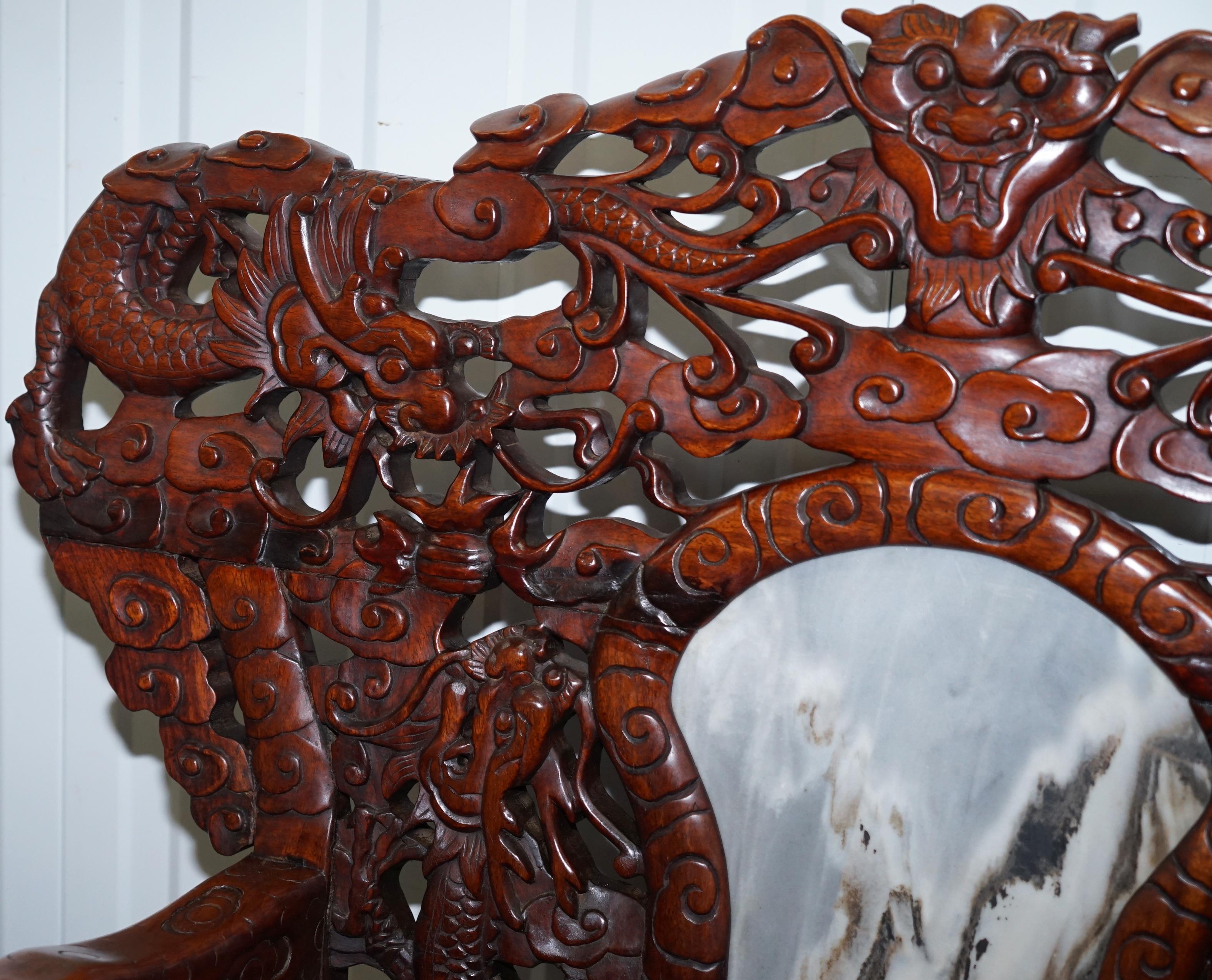 Hand-Carved Very Rare Pair of Large Marble Backed Chinese Dragon Carved Throne Armchairs