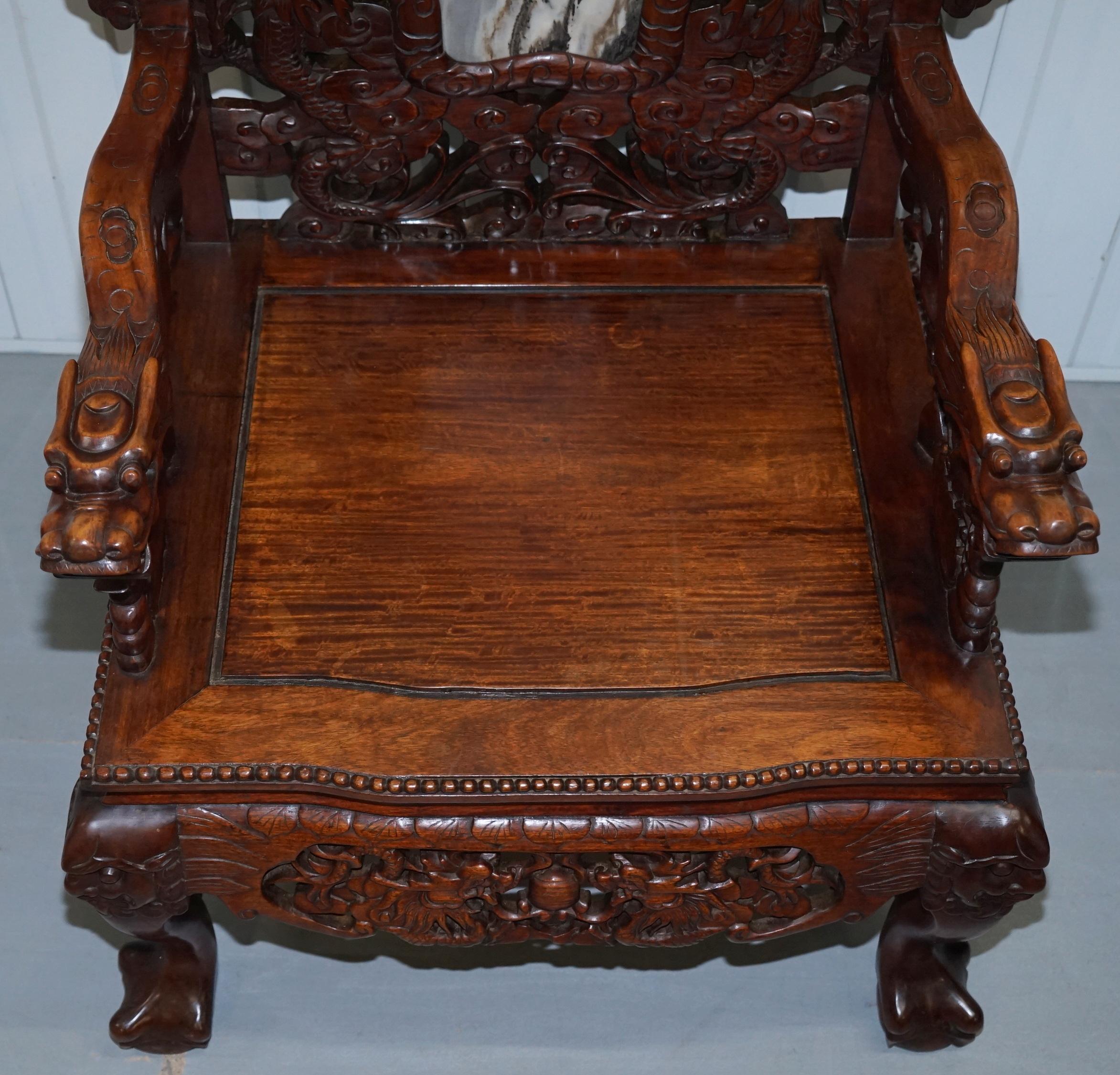 Very Rare Pair of Large Marble Backed Chinese Dragon Carved Throne Armchairs 1