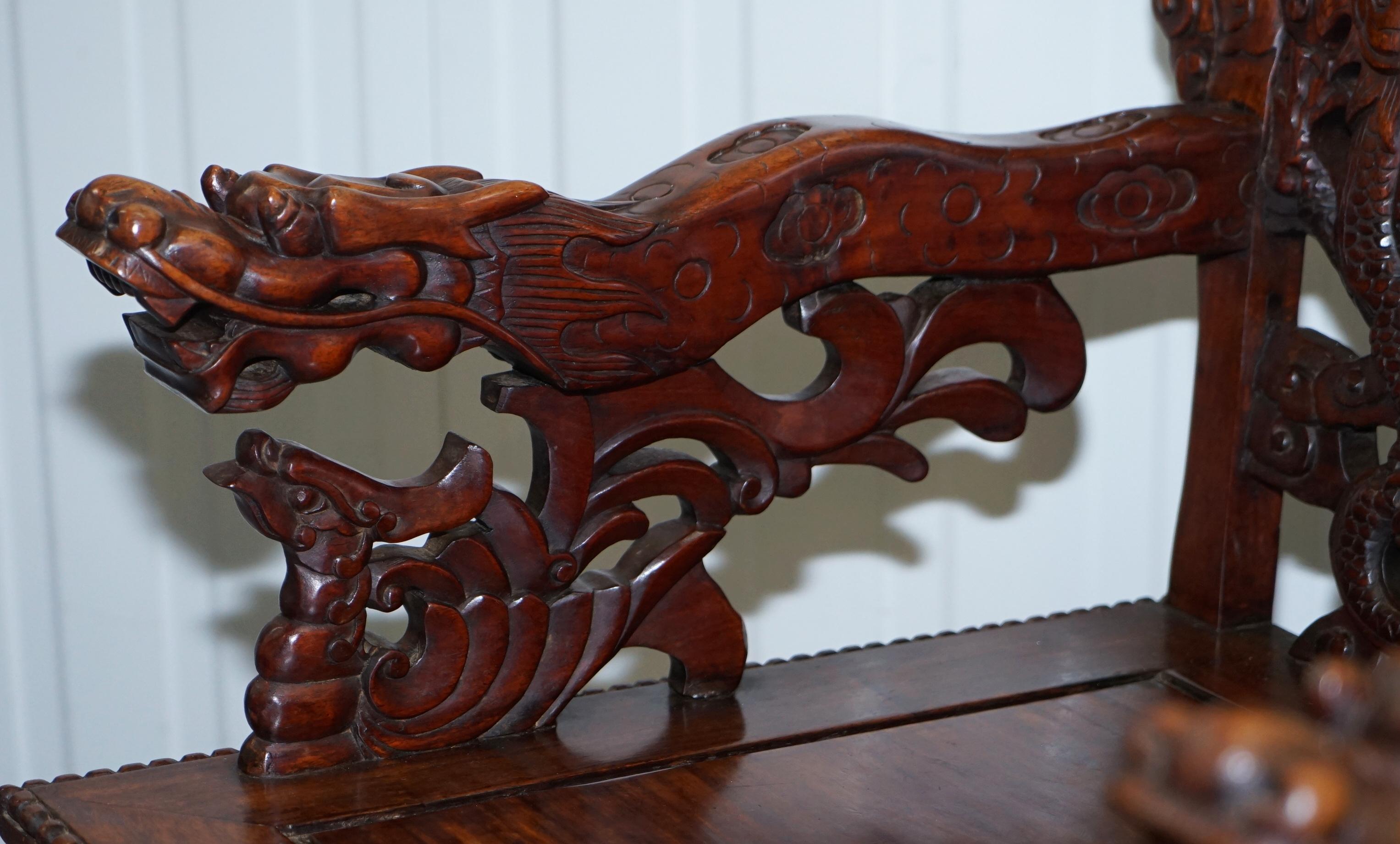Very Rare Pair of Large Marble Backed Chinese Dragon Carved Throne Armchairs 2