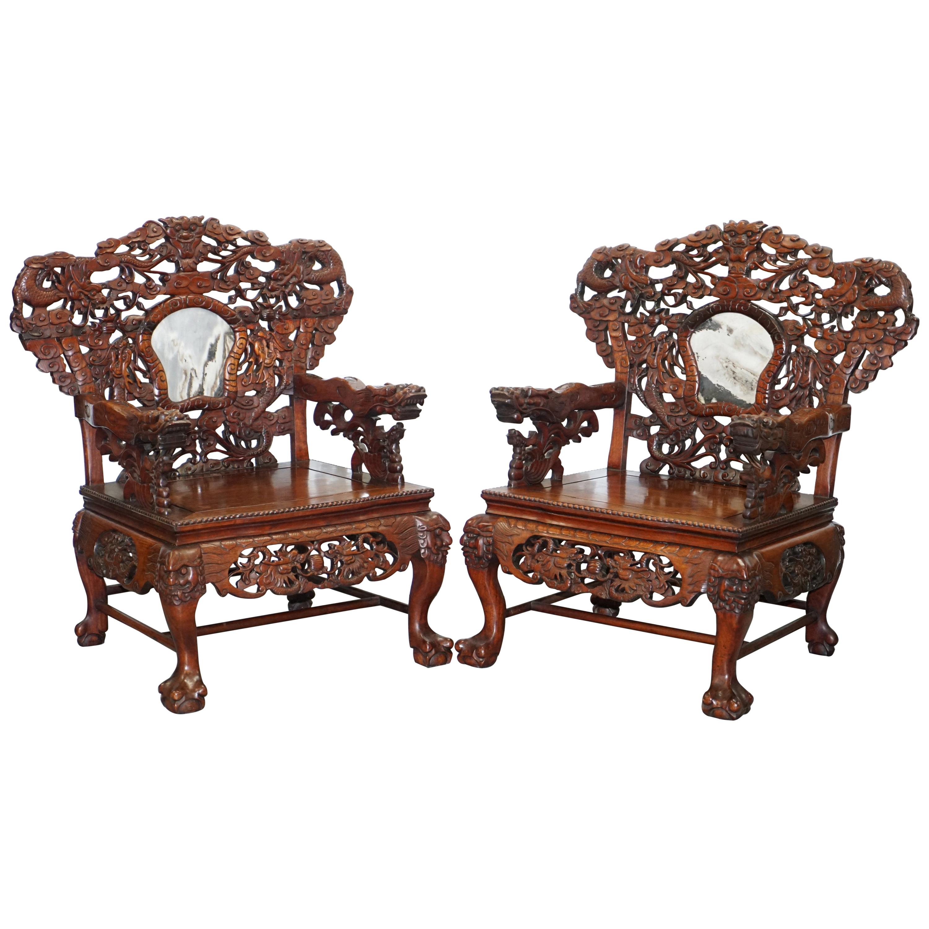 Very Rare Pair of Large Marble Backed Chinese Dragon Carved Throne Armchairs