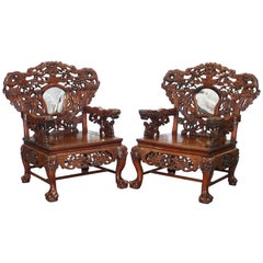Antique Very Rare Pair of Large Marble Backed Chinese Dragon Carved Throne Armchairs