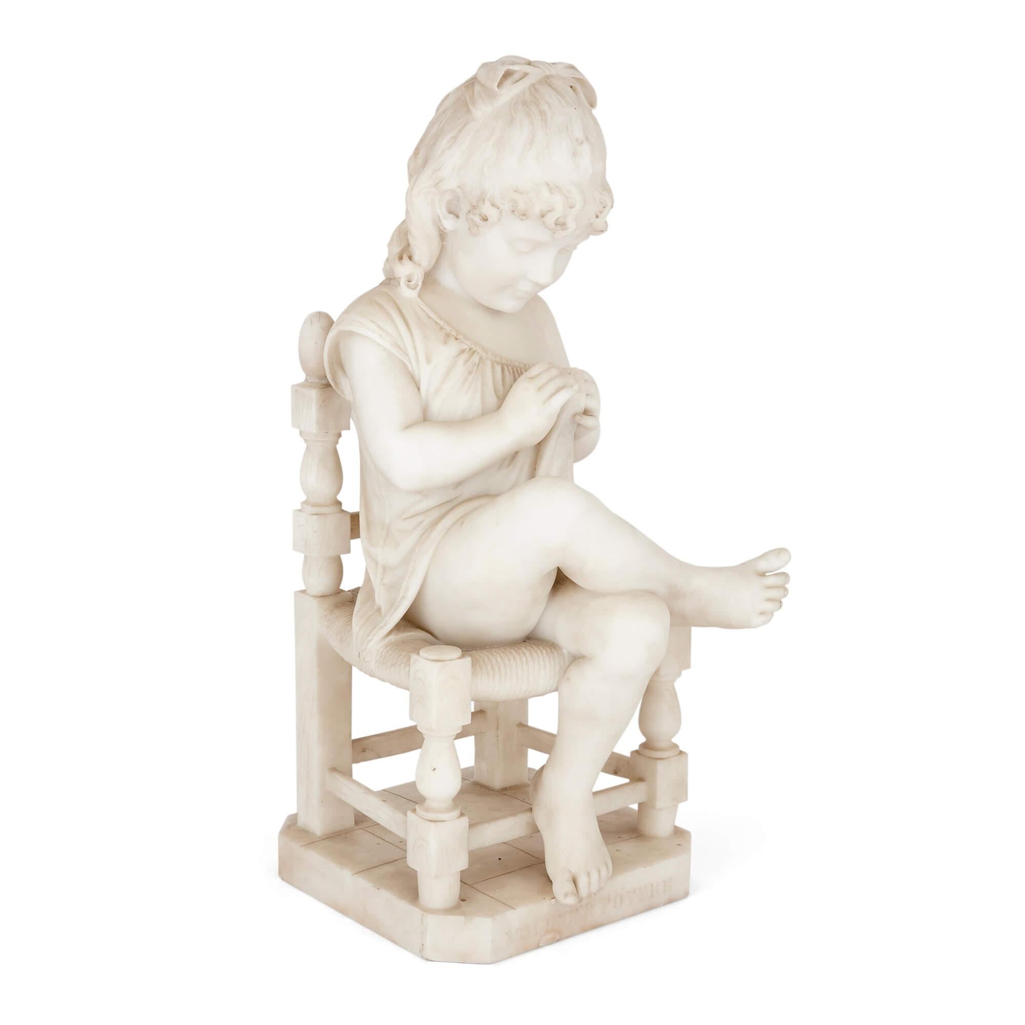 Neoclassical Very Rare Pair of Marble Sculptures of Seated Children by Cesare Lapini For Sale