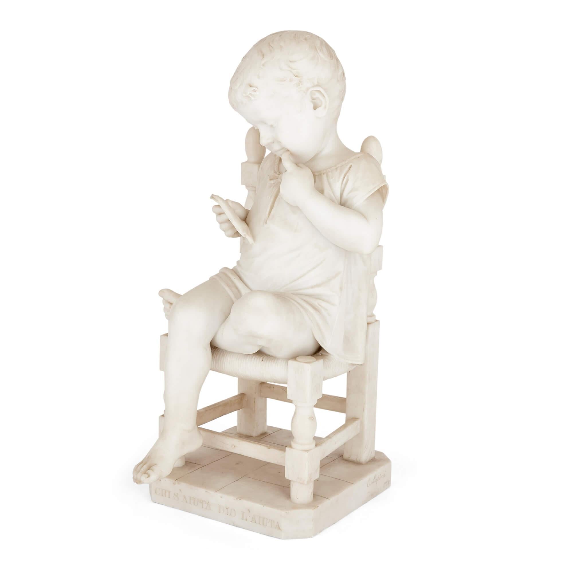 italien Paire très rare de sculptures en marbre représentant des enfants assis par Cesare Lapini en vente